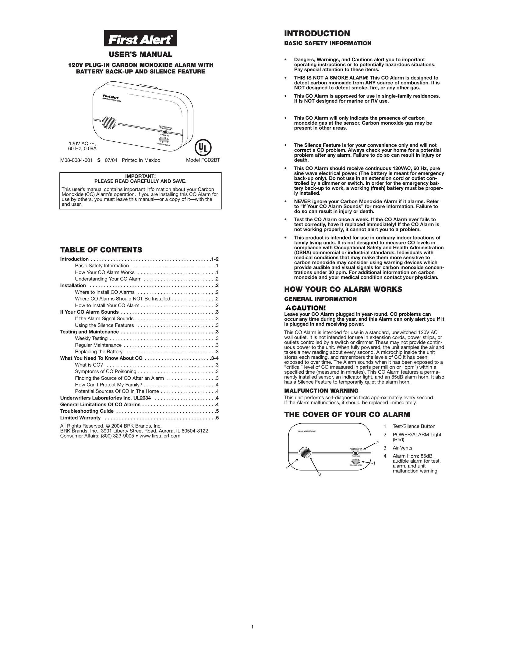 First Alert FCD2B Carbon Monoxide Alarm User Manual