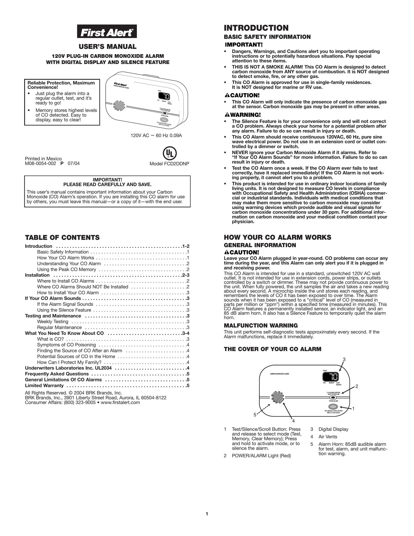 First Alert FCD2DDNP Carbon Monoxide Alarm User Manual