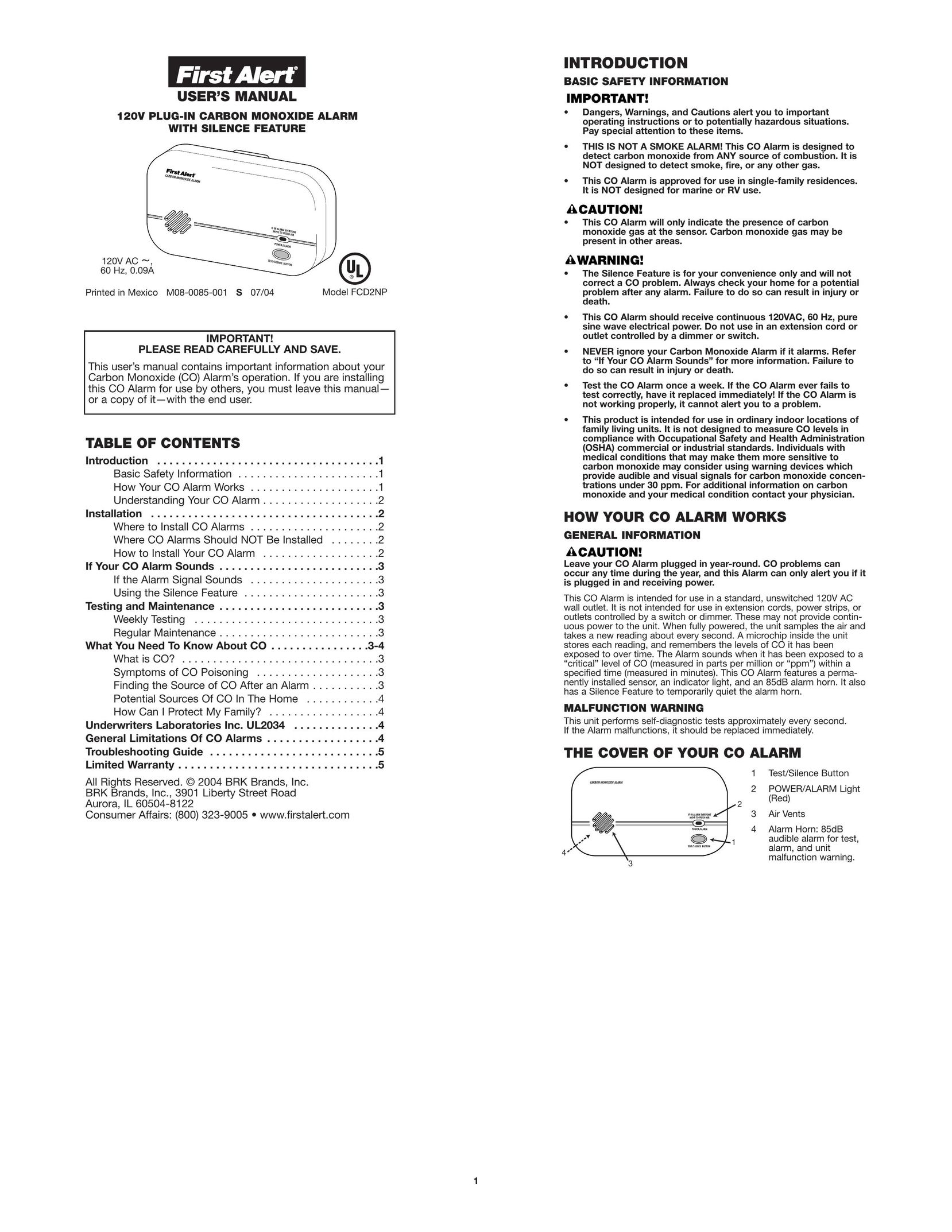 First Alert FCD2NP Carbon Monoxide Alarm User Manual