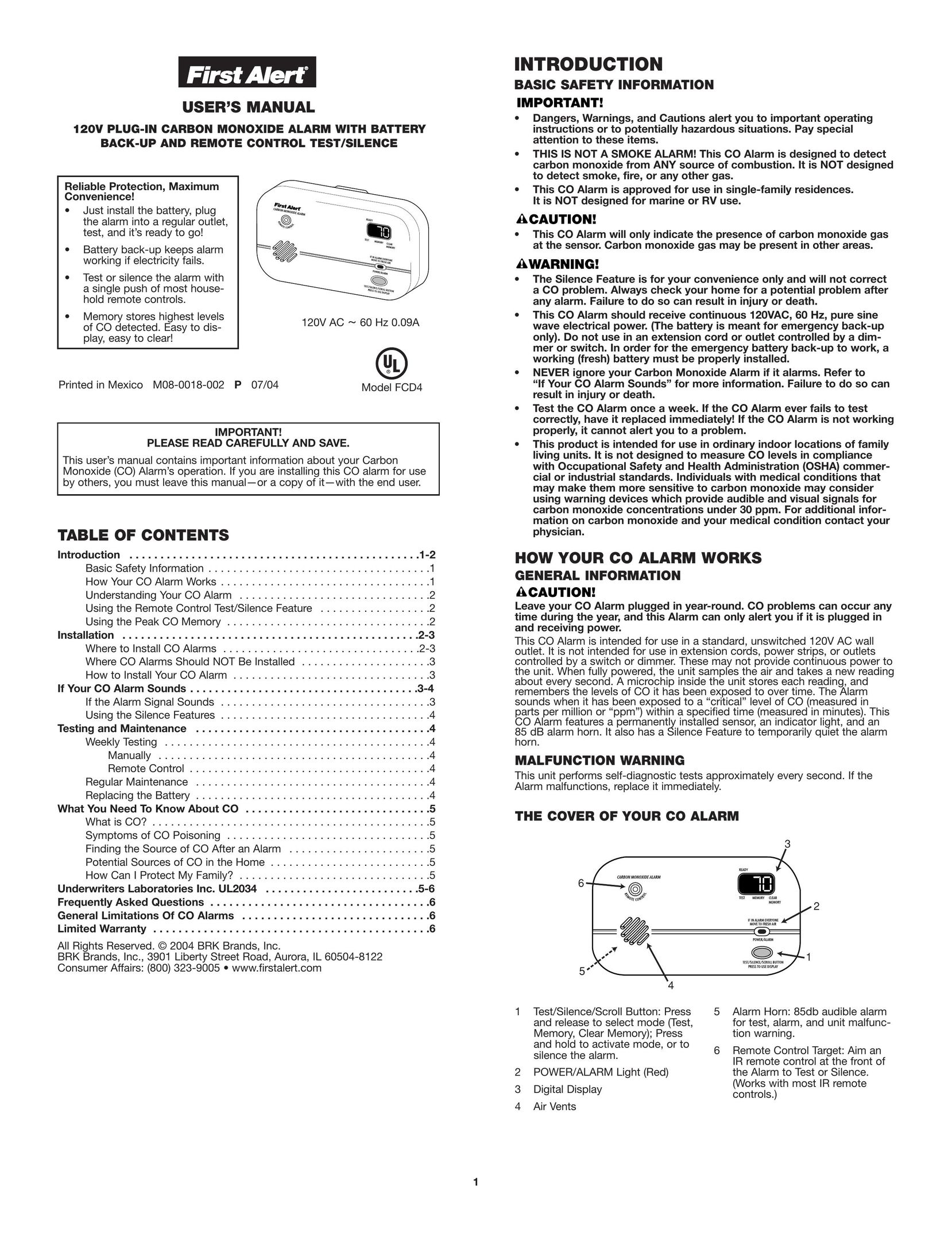 First Alert FCD4 Carbon Monoxide Alarm User Manual