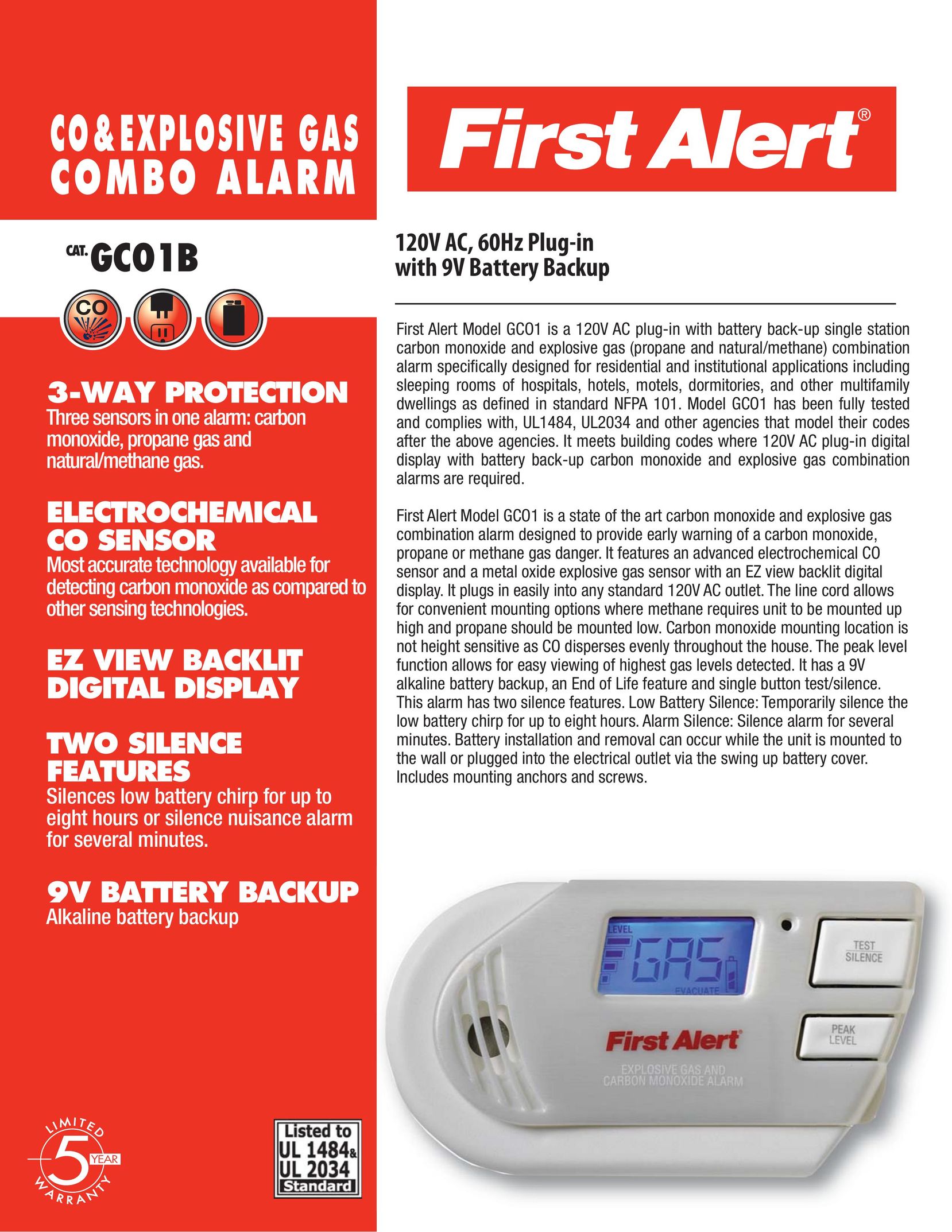 First Alert GCO1B Carbon Monoxide Alarm User Manual
