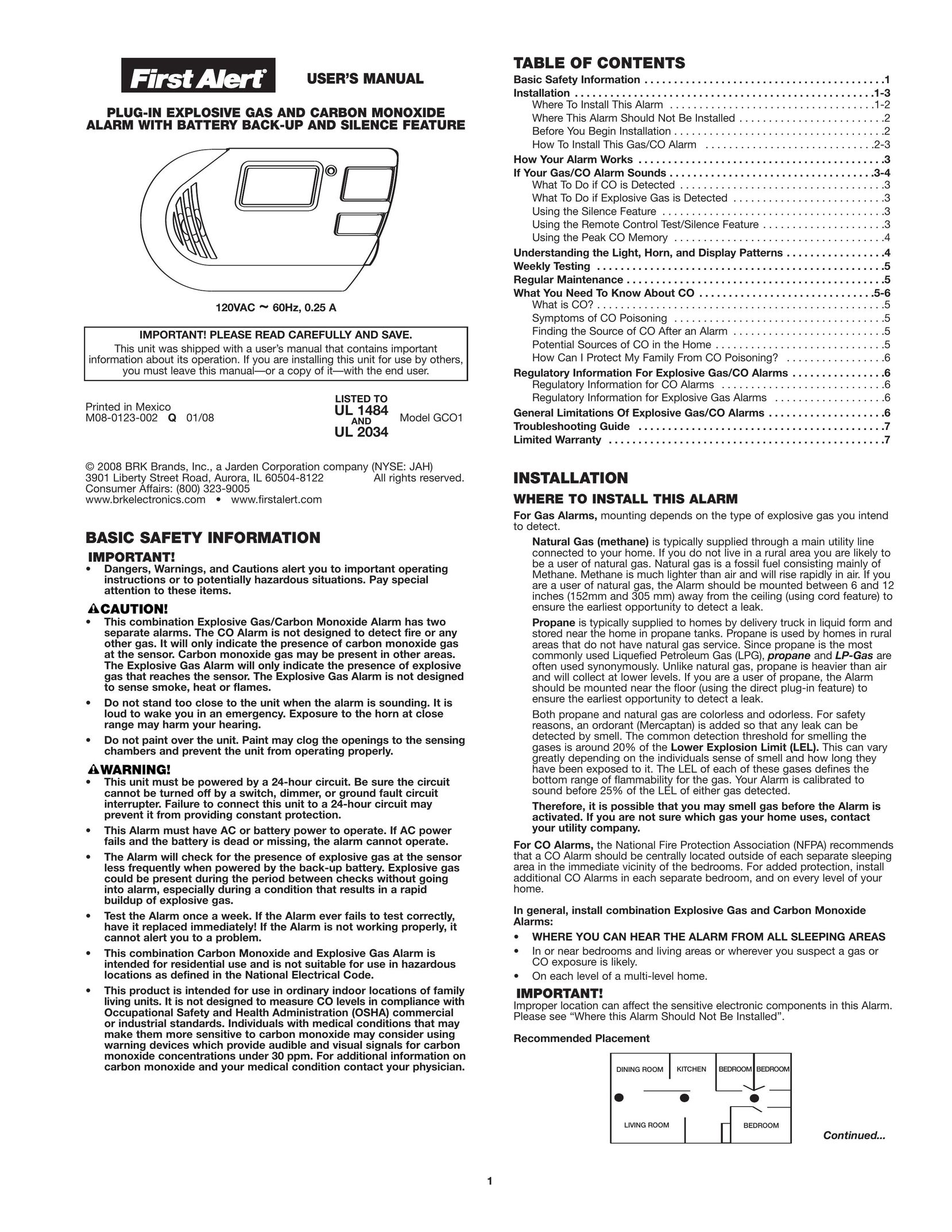 First Alert Model GCO1 Carbon Monoxide Alarm User Manual