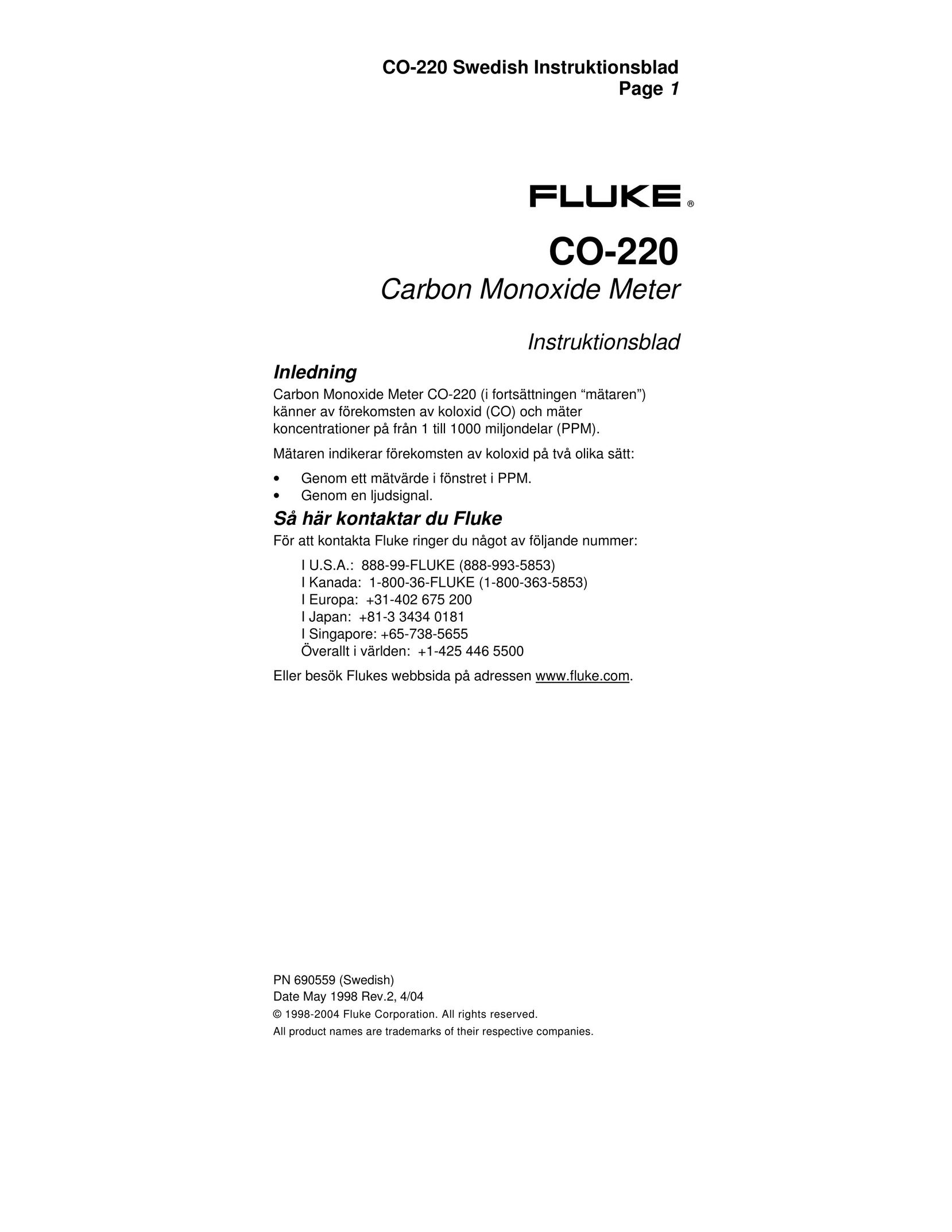 Fluke CO-220 Carbon Monoxide Alarm User Manual