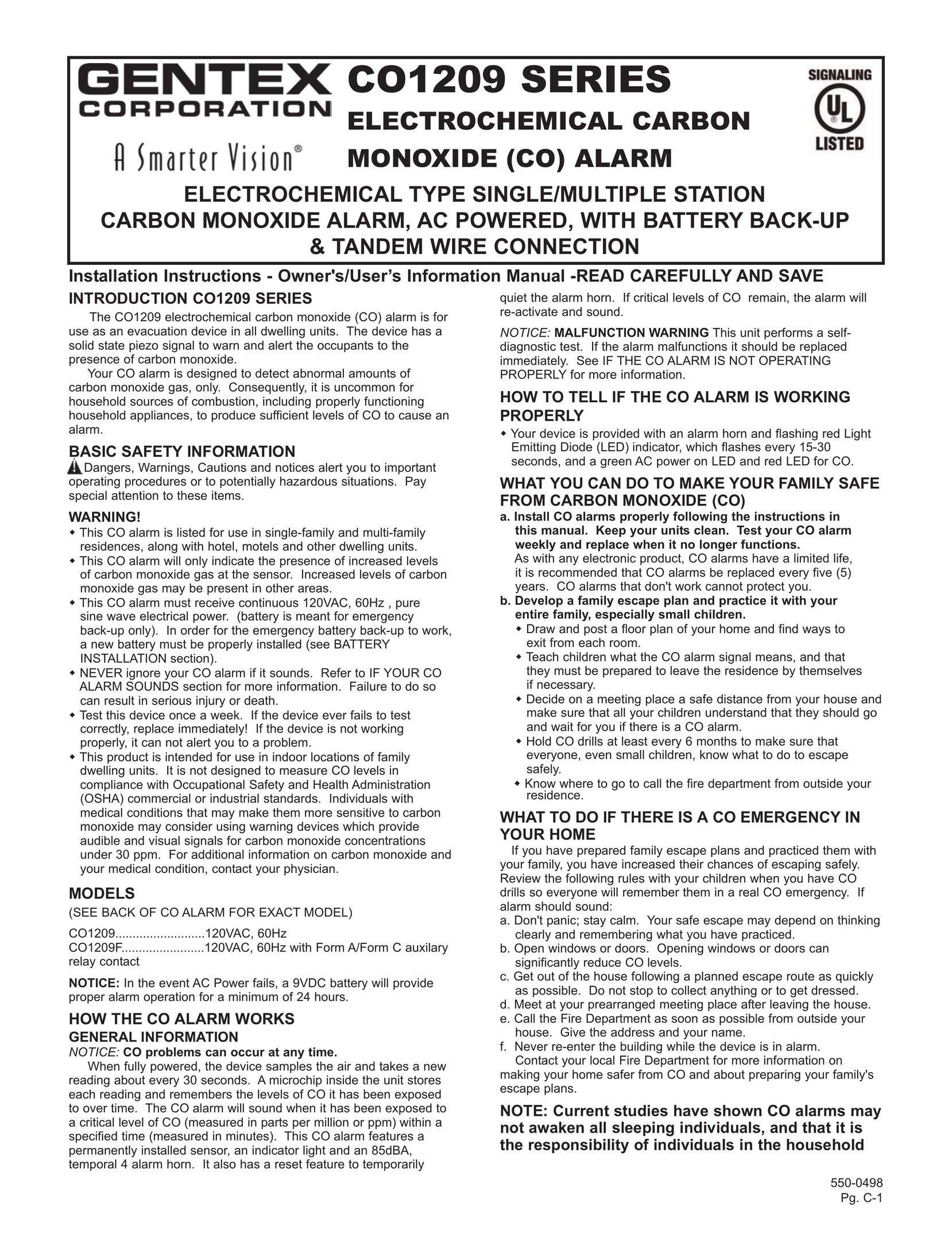 Gentek CO1209 Carbon Monoxide Alarm User Manual