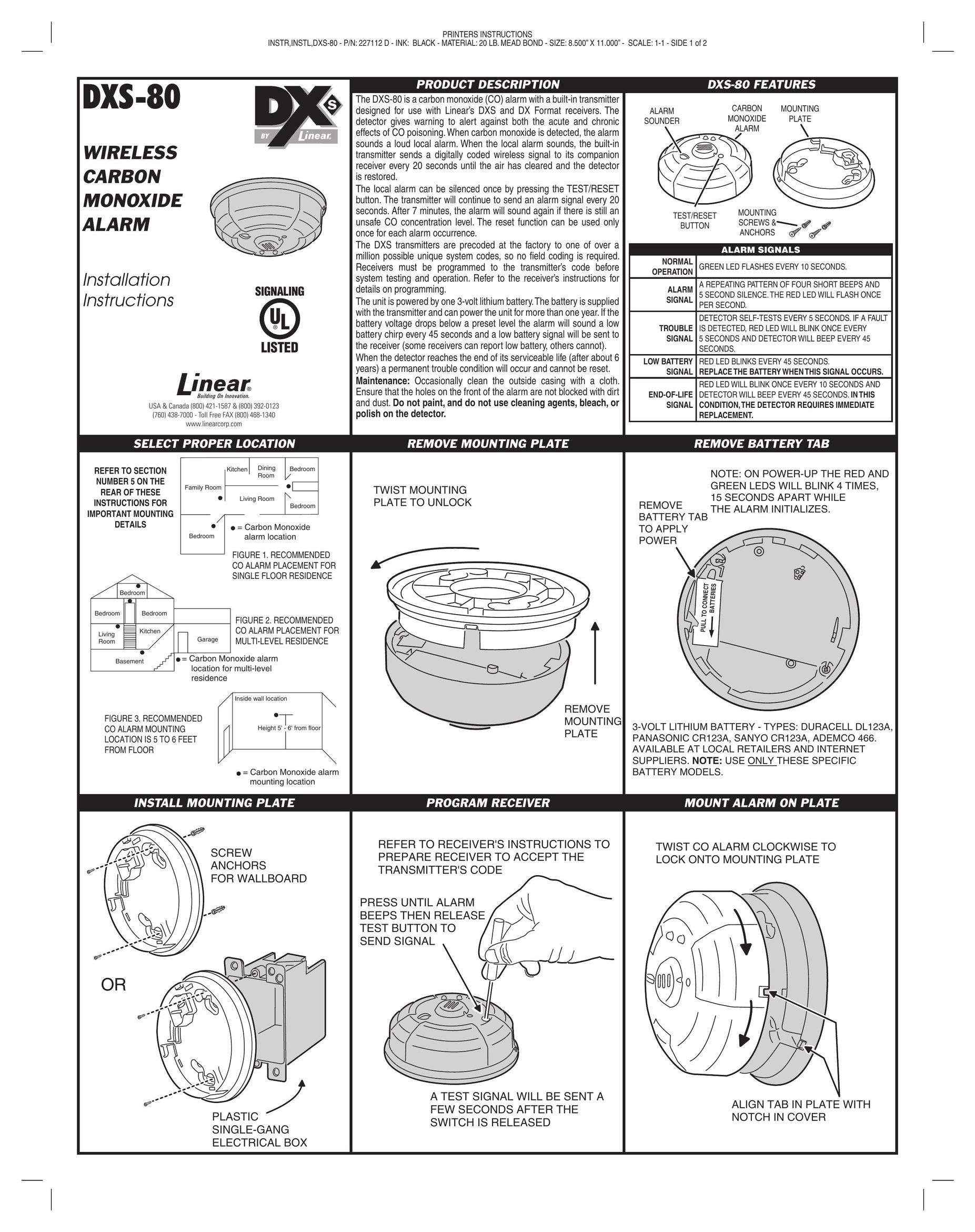 Linear DXS-80 Carbon Monoxide Alarm User Manual