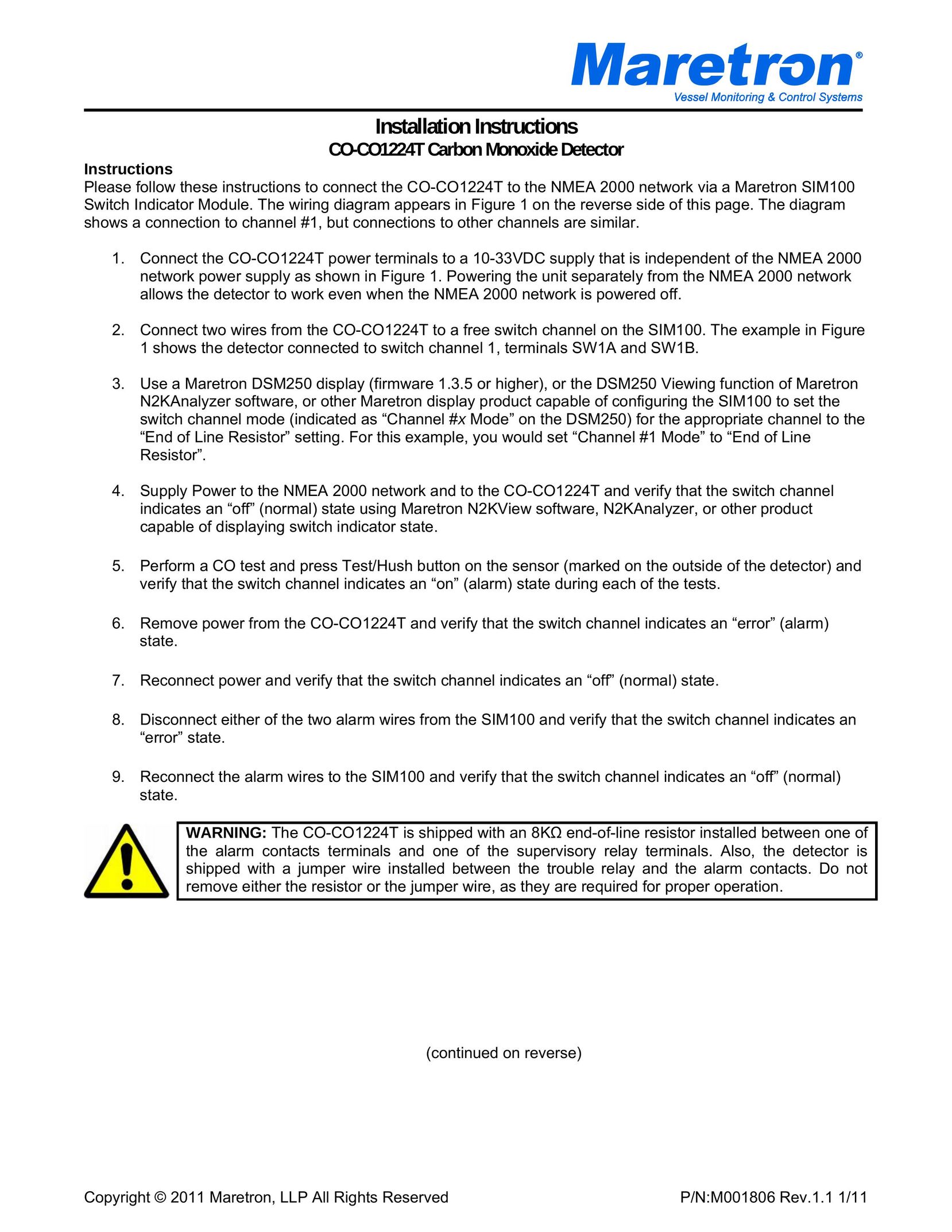 Maretron CO-CO1224T Carbon Monoxide Alarm User Manual