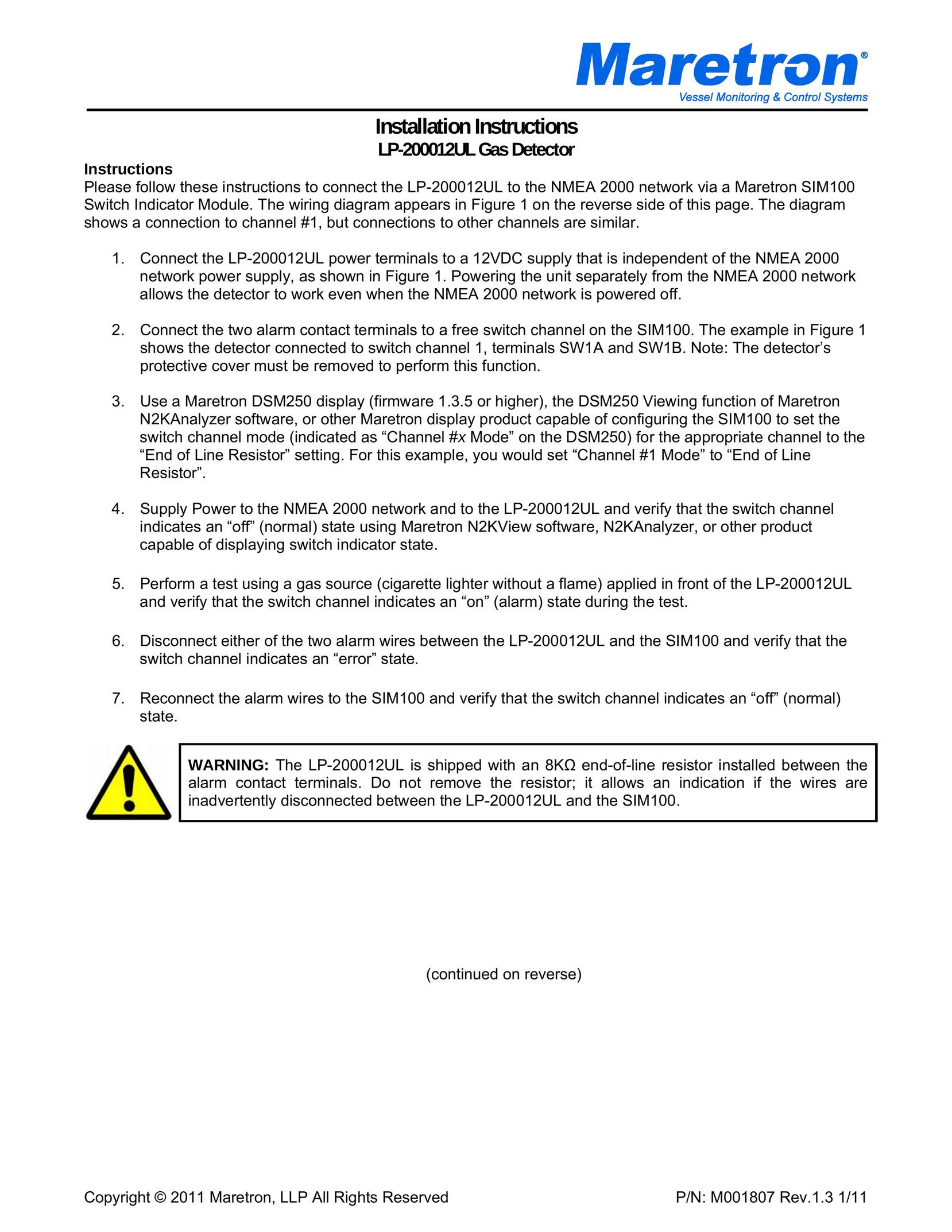 Maretron LP-200012UL Carbon Monoxide Alarm User Manual