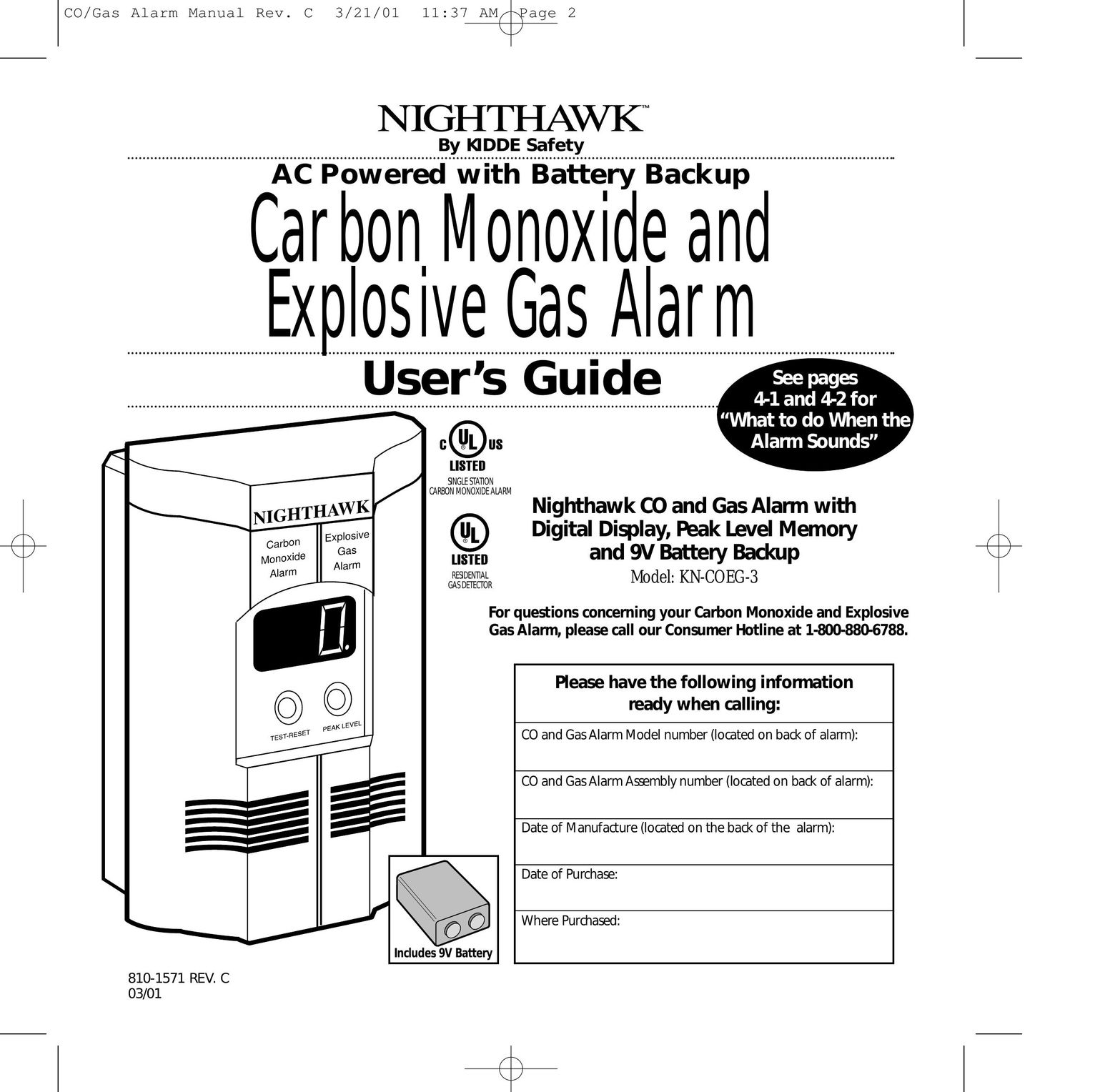 Nighthawk KN-COEG-3 Carbon Monoxide Alarm User Manual