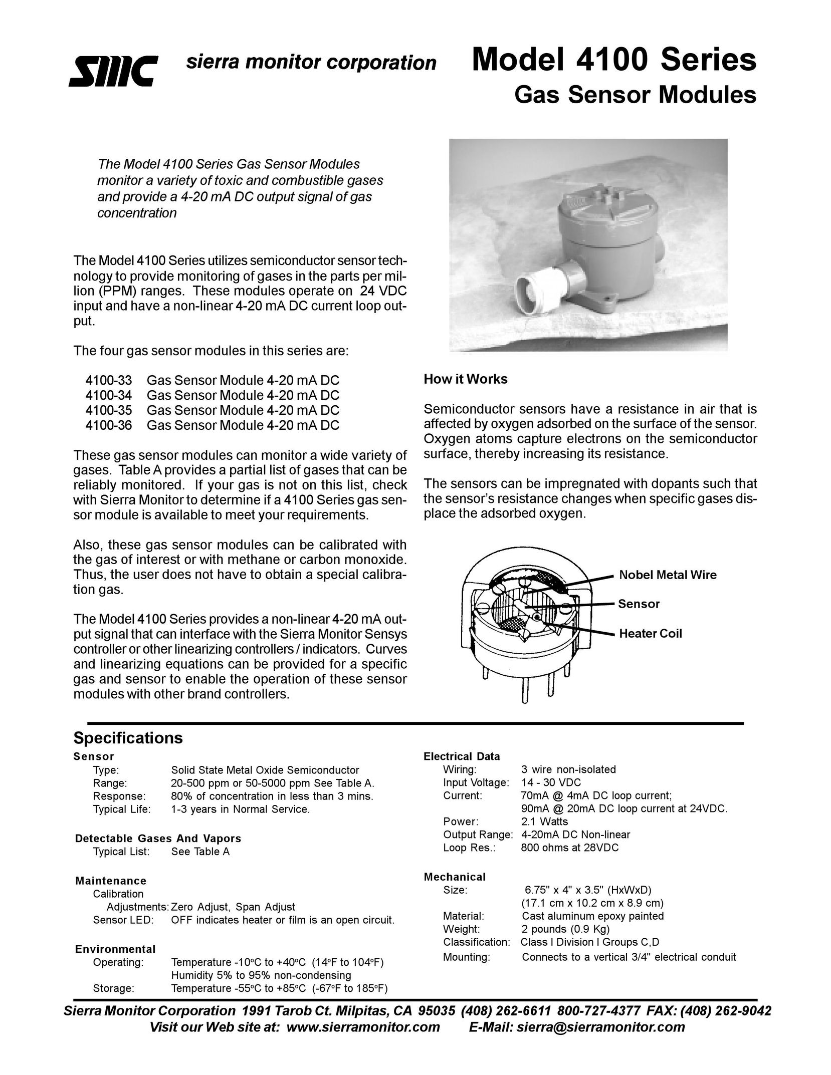 Sierra Monitor Corporation 4100-34 Carbon Monoxide Alarm User Manual