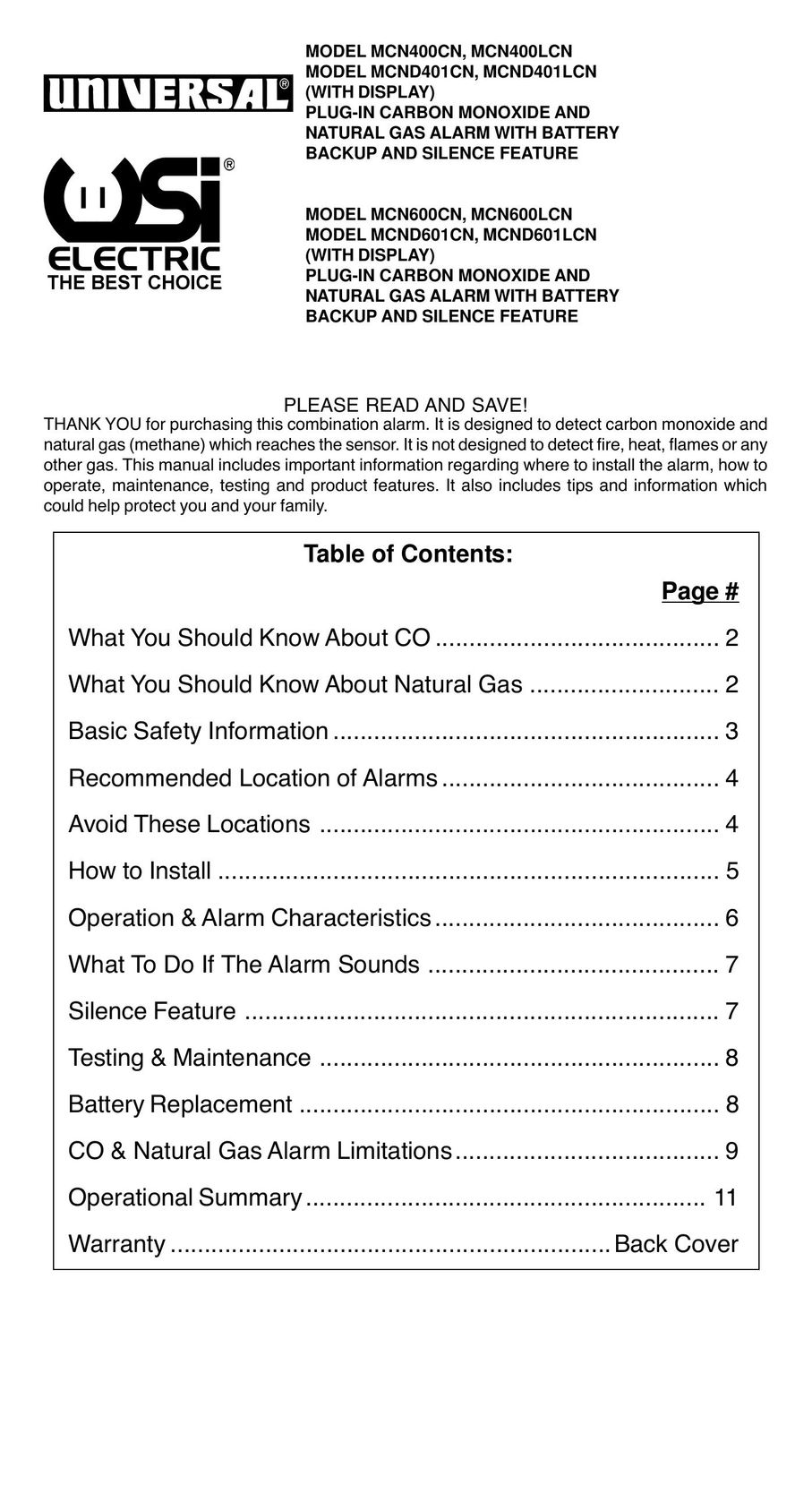 Universal Security Instruments MCN600CN Carbon Monoxide Alarm User Manual