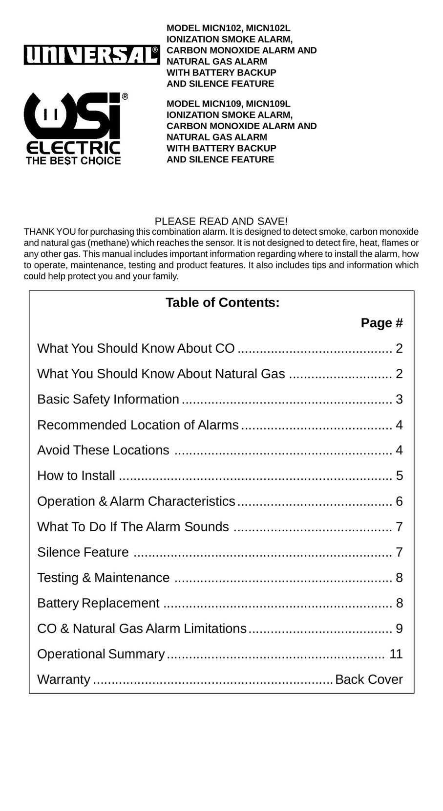 Universal Security Instruments MICN109 Carbon Monoxide Alarm User Manual