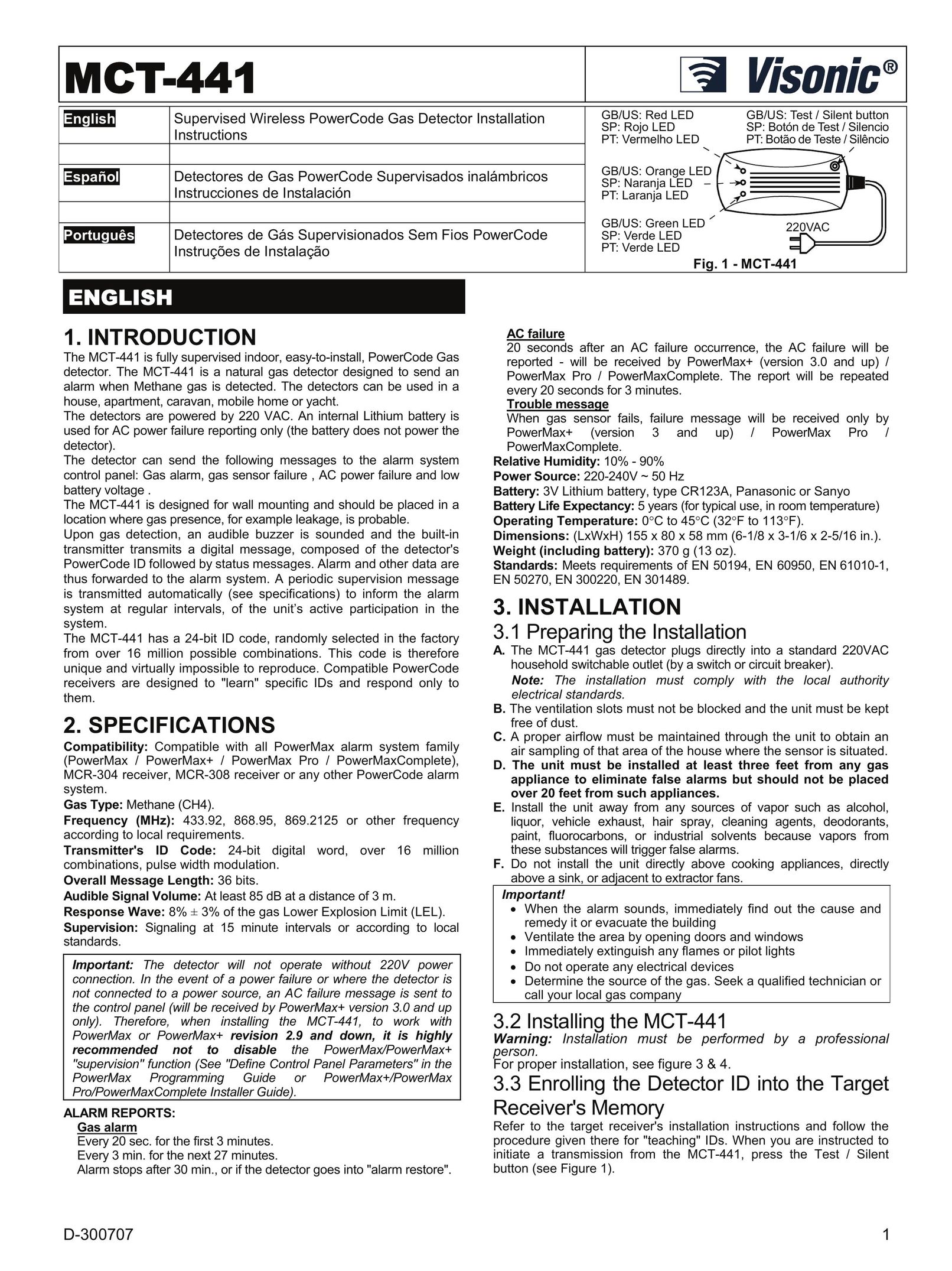 Visonik MCT-441 Carbon Monoxide Alarm User Manual