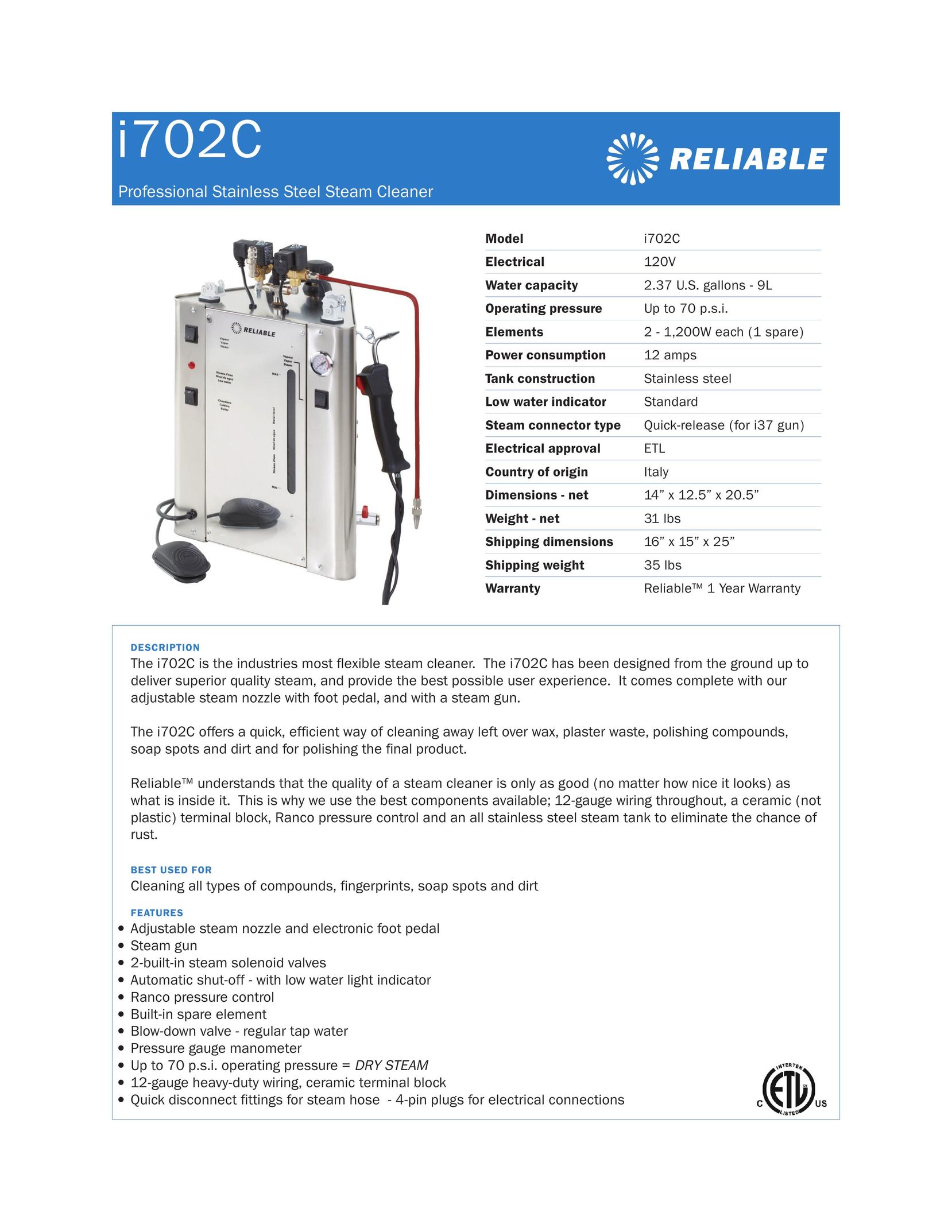 Reliable i702C Carpet Cleaner User Manual