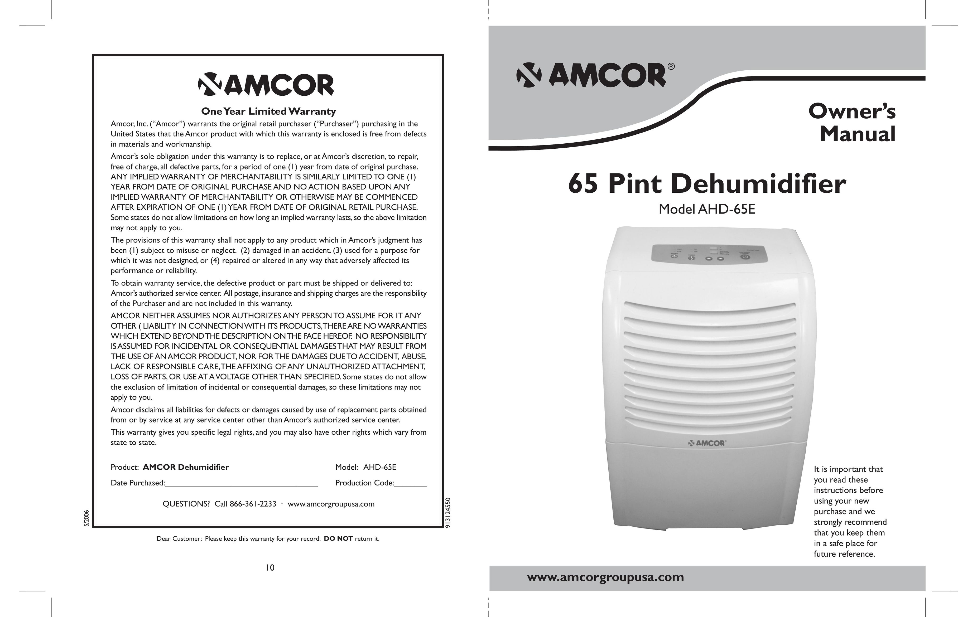 Amcor AHD-65E Dehumidifier User Manual