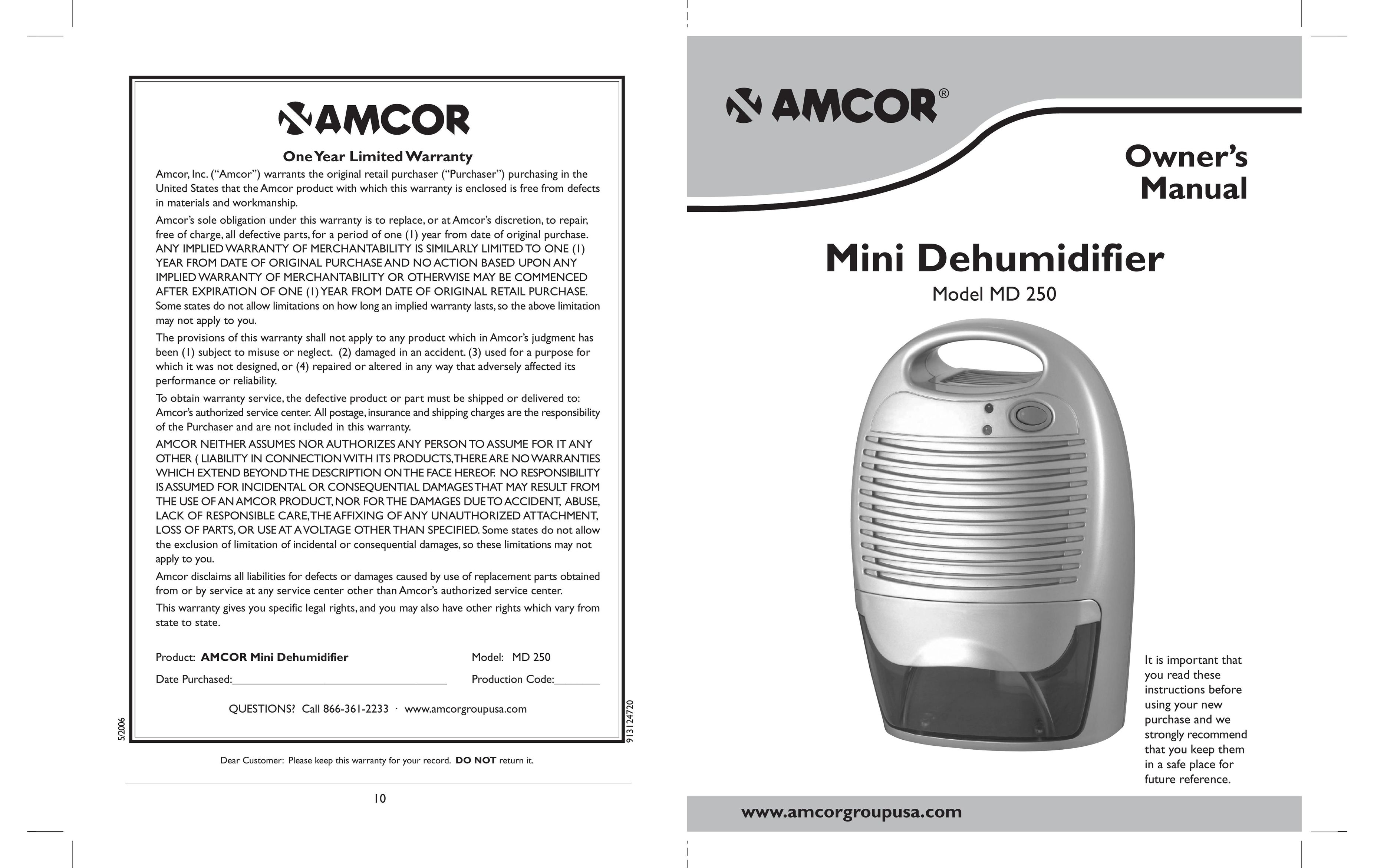 Amcor MD250 Dehumidifier User Manual