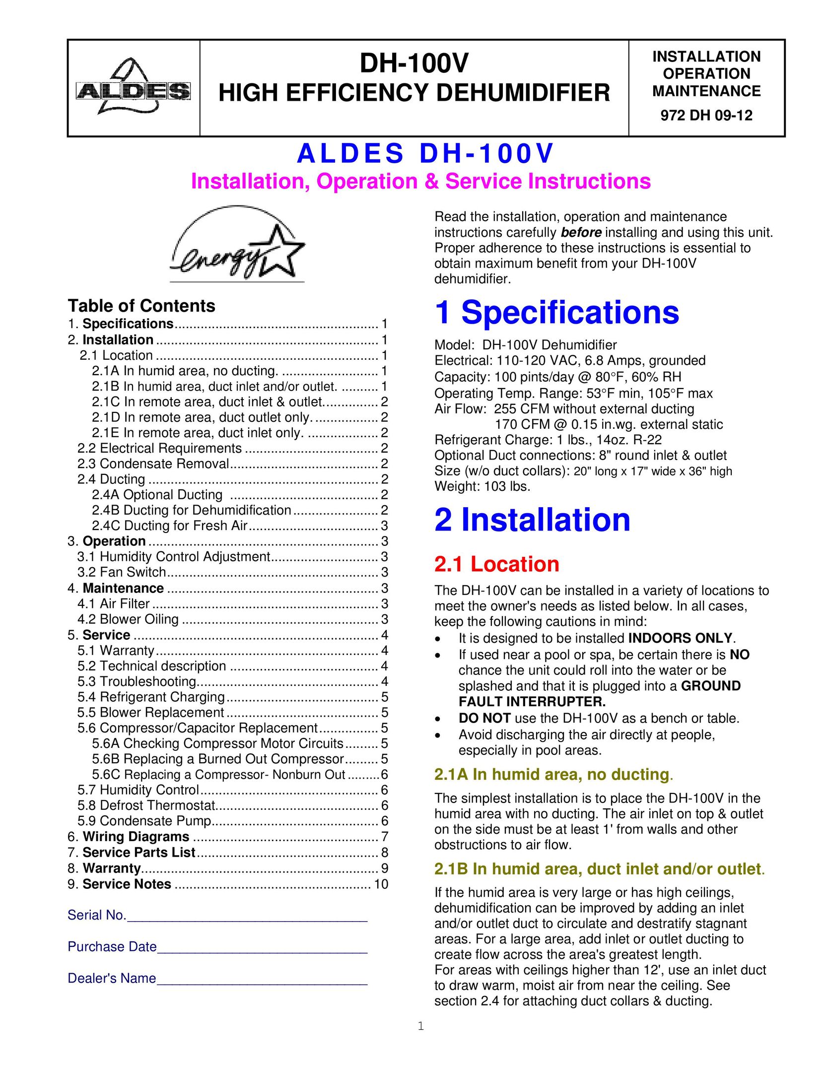 American Aldes DH-100V Dehumidifier User Manual