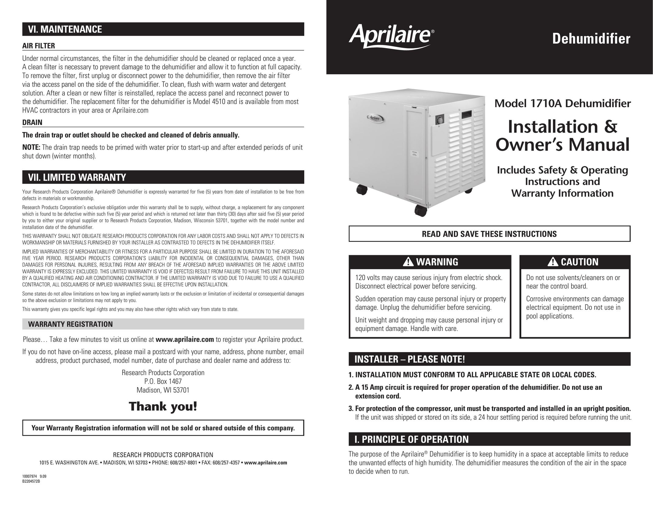 Aprilaire 1710A Dehumidifier User Manual
