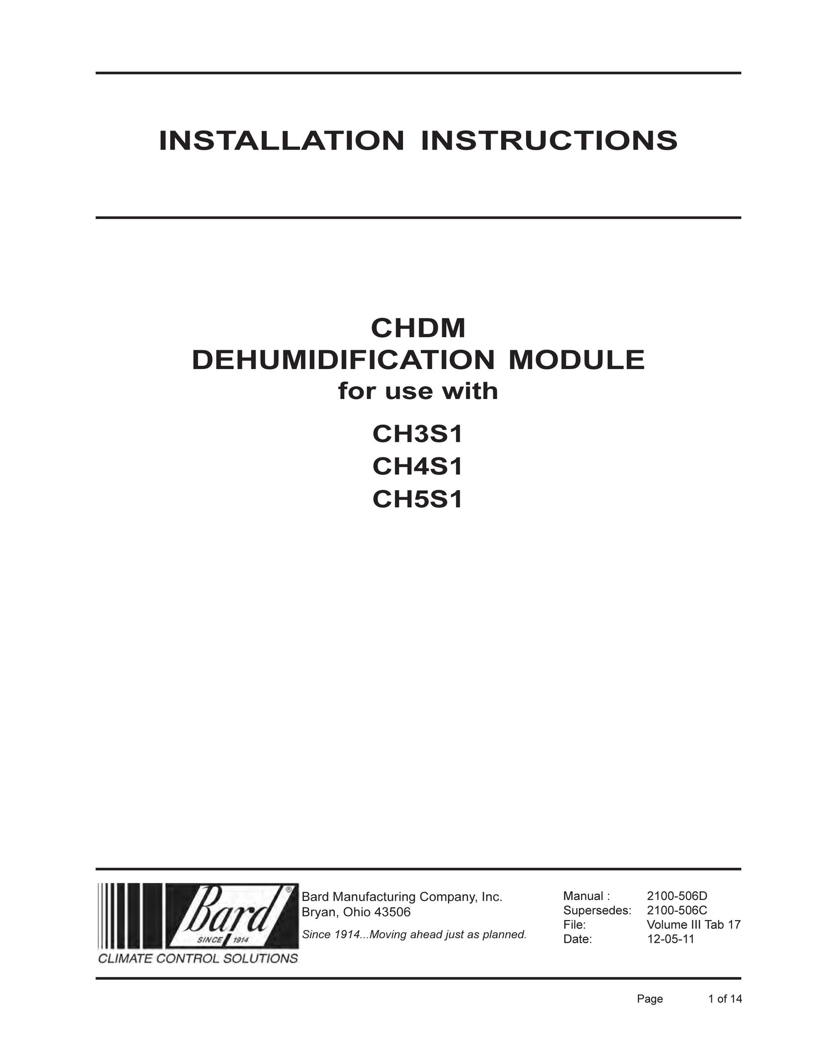 Bard CH3S1 Dehumidifier User Manual