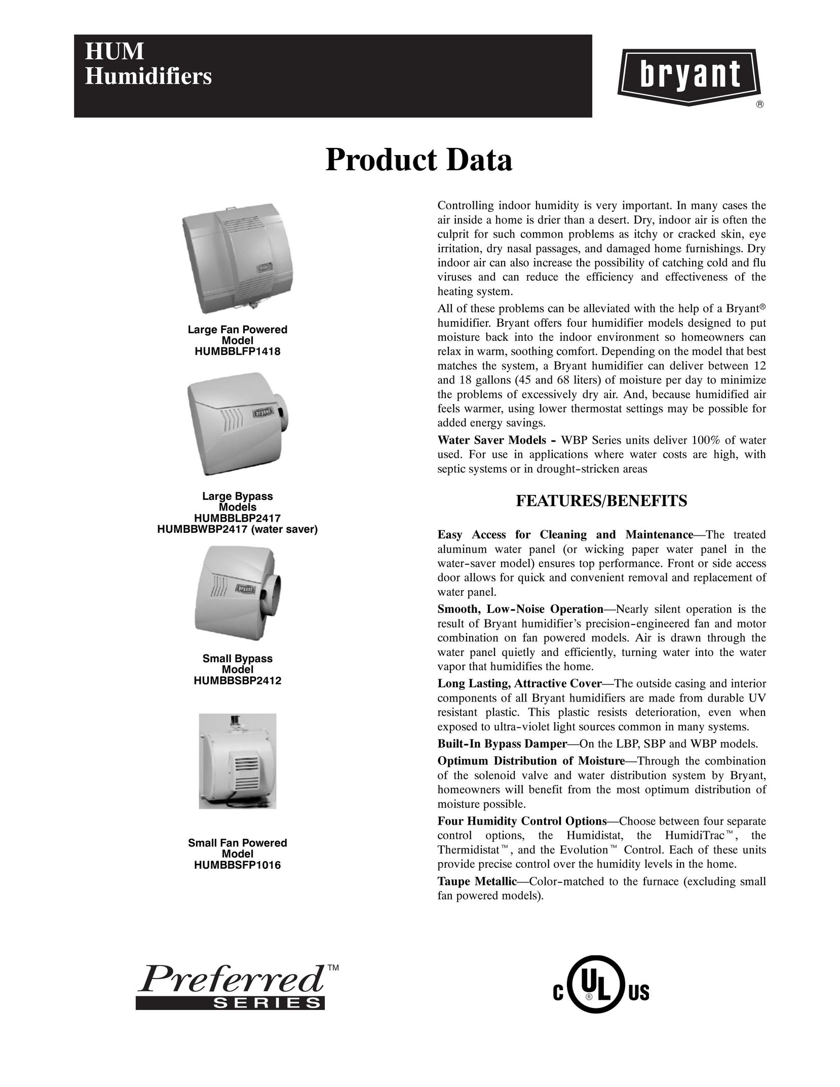 Bryant HUMBBLFP1418 Dehumidifier User Manual