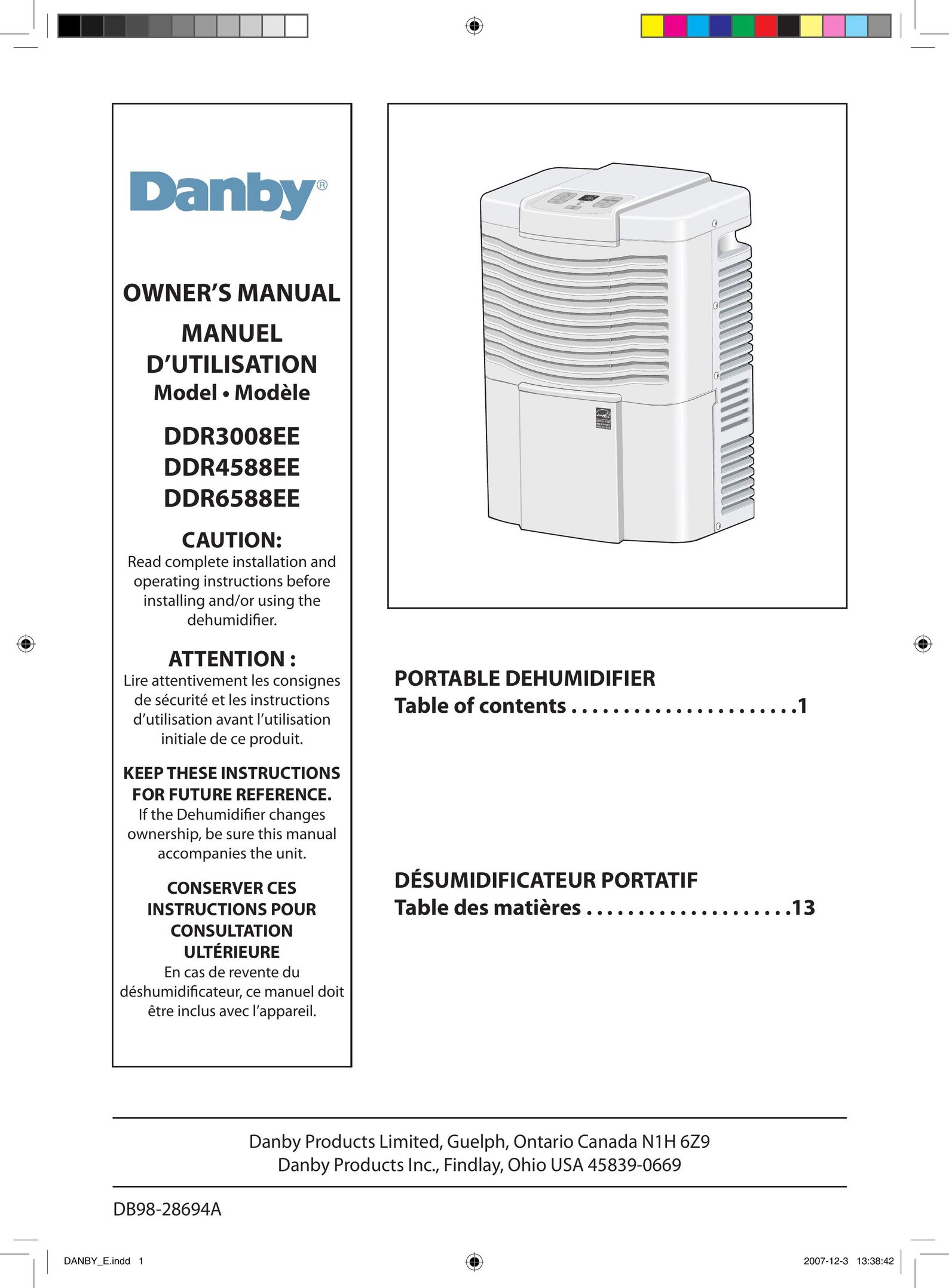 Danby DDR3008EE Dehumidifier User Manual