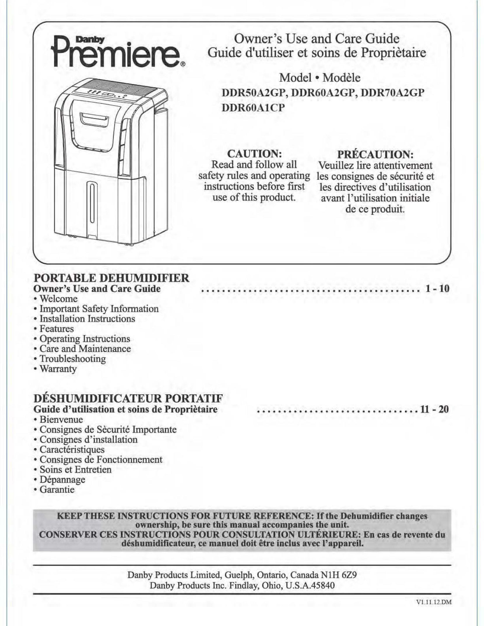 Danby DDR60A1CP Dehumidifier User Manual