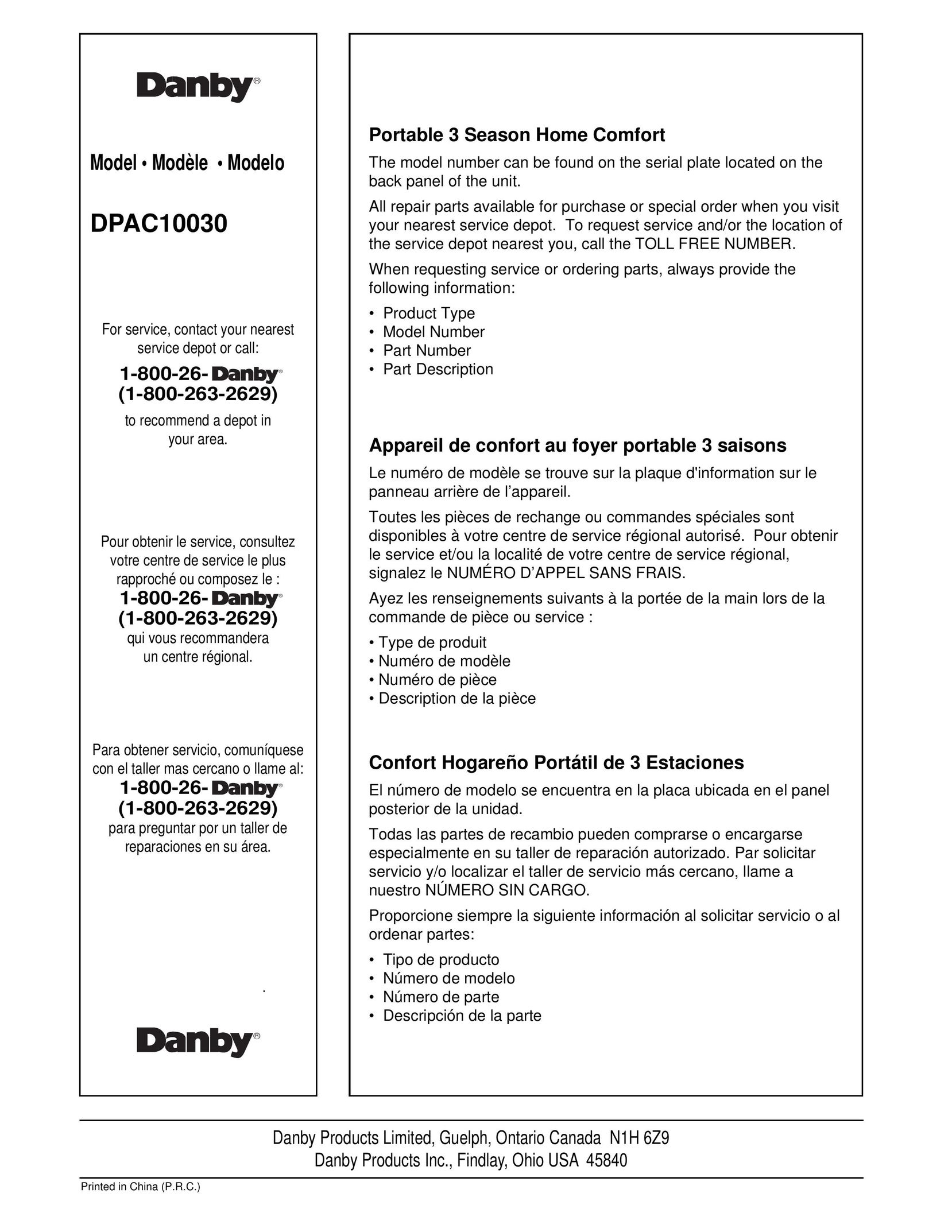 Danby DPAC10030 Dehumidifier User Manual