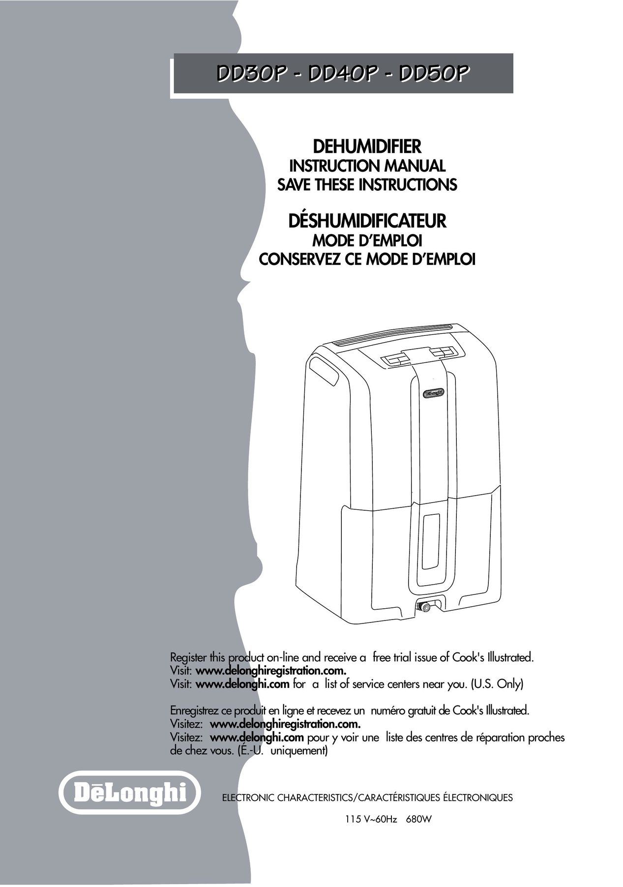 DeLonghi DD30P Dehumidifier User Manual