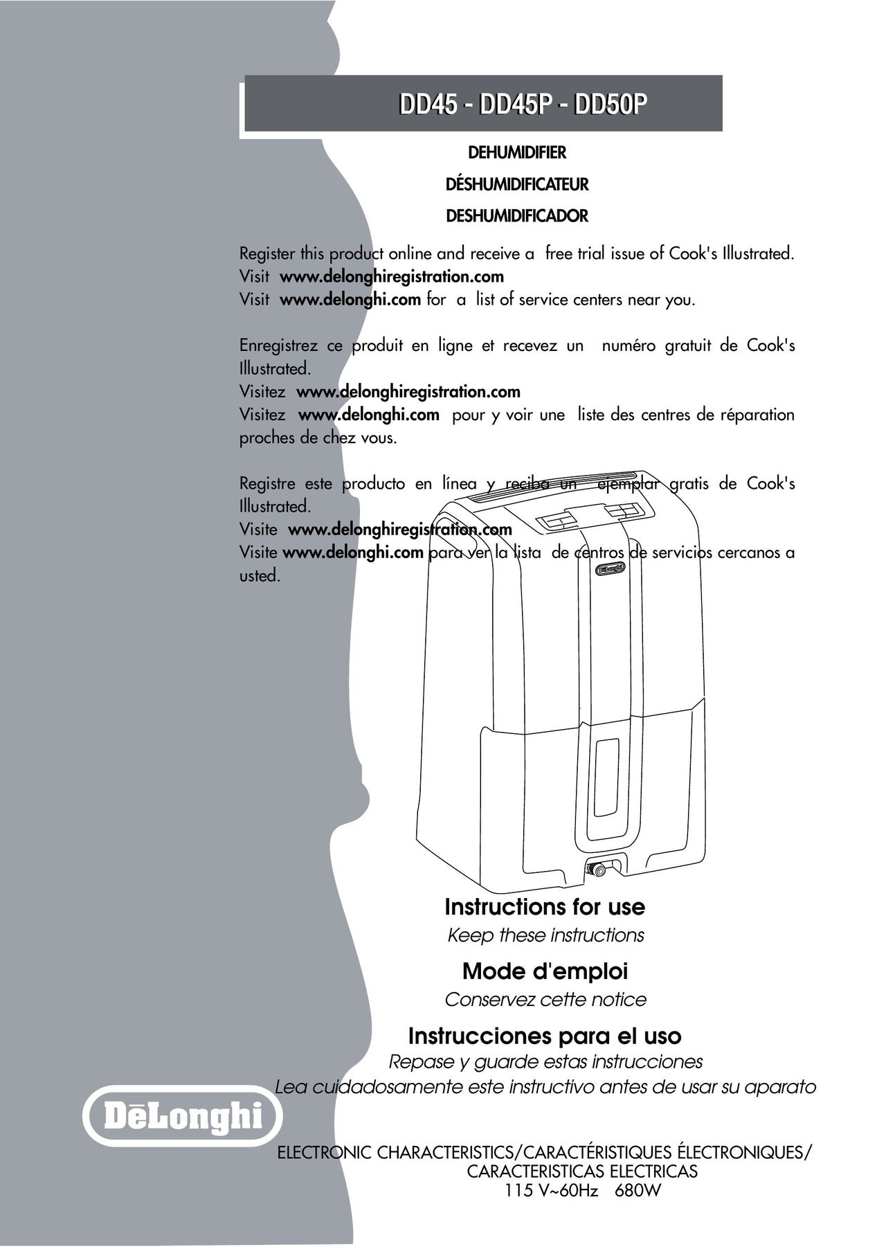 DeLonghi dd45 Dehumidifier User Manual