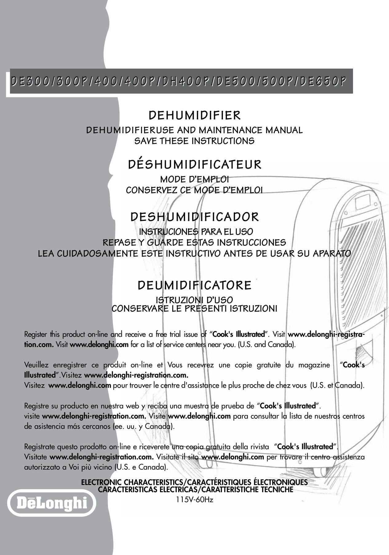 DeLonghi de 300 Dehumidifier User Manual