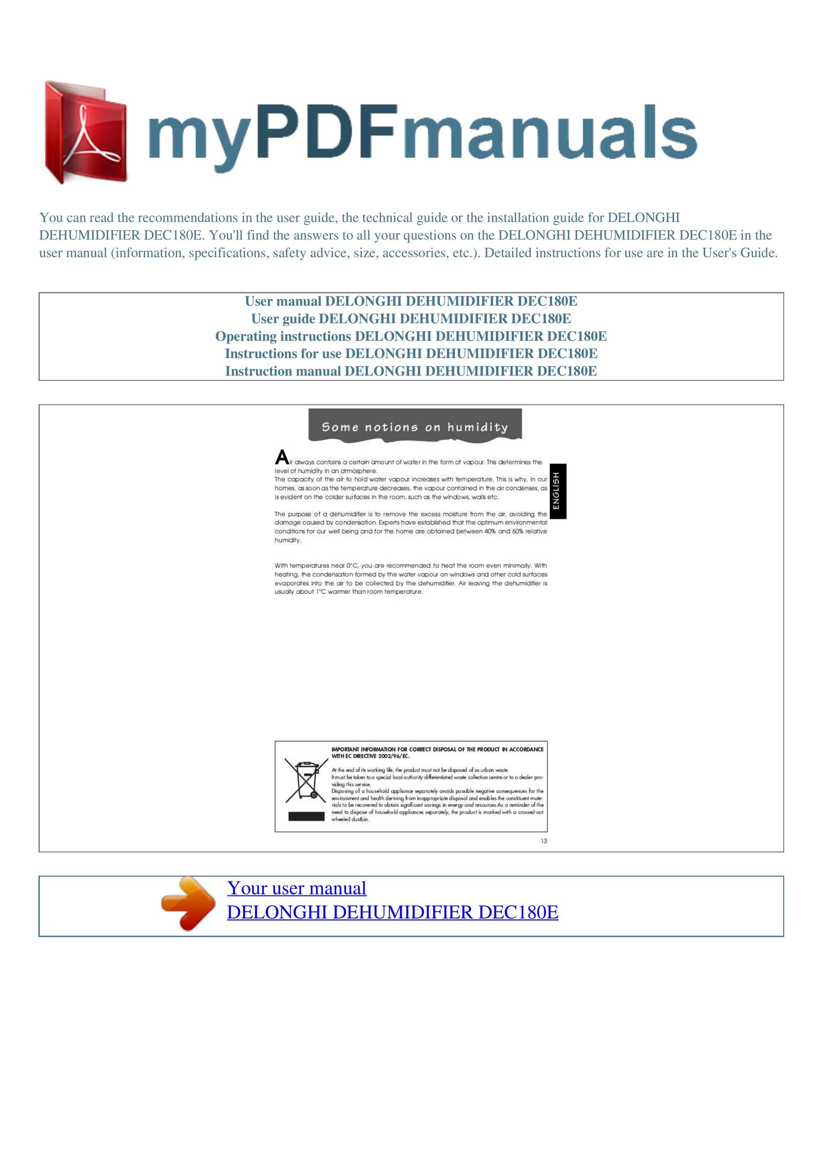 DeLonghi DEC180E Dehumidifier User Manual