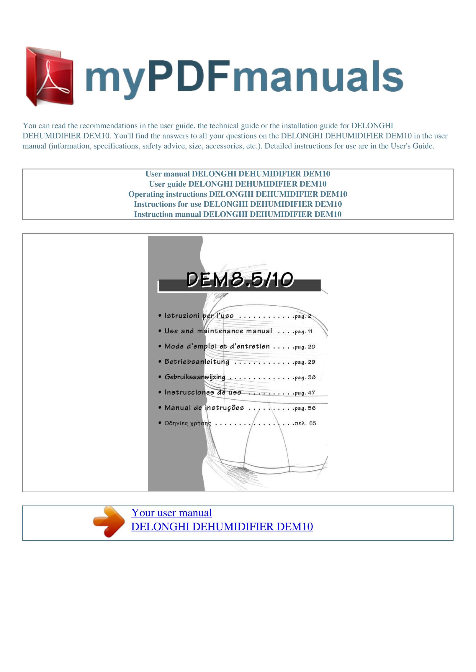 DeLonghi DEM10 Dehumidifier User Manual