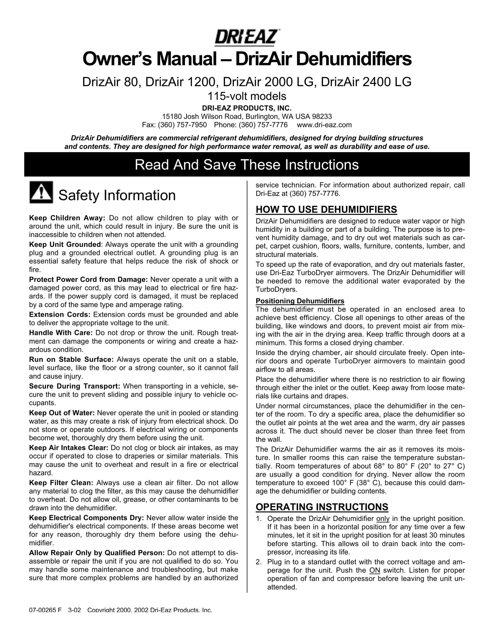 Dri-Eaz 2000 LG Dehumidifier User Manual