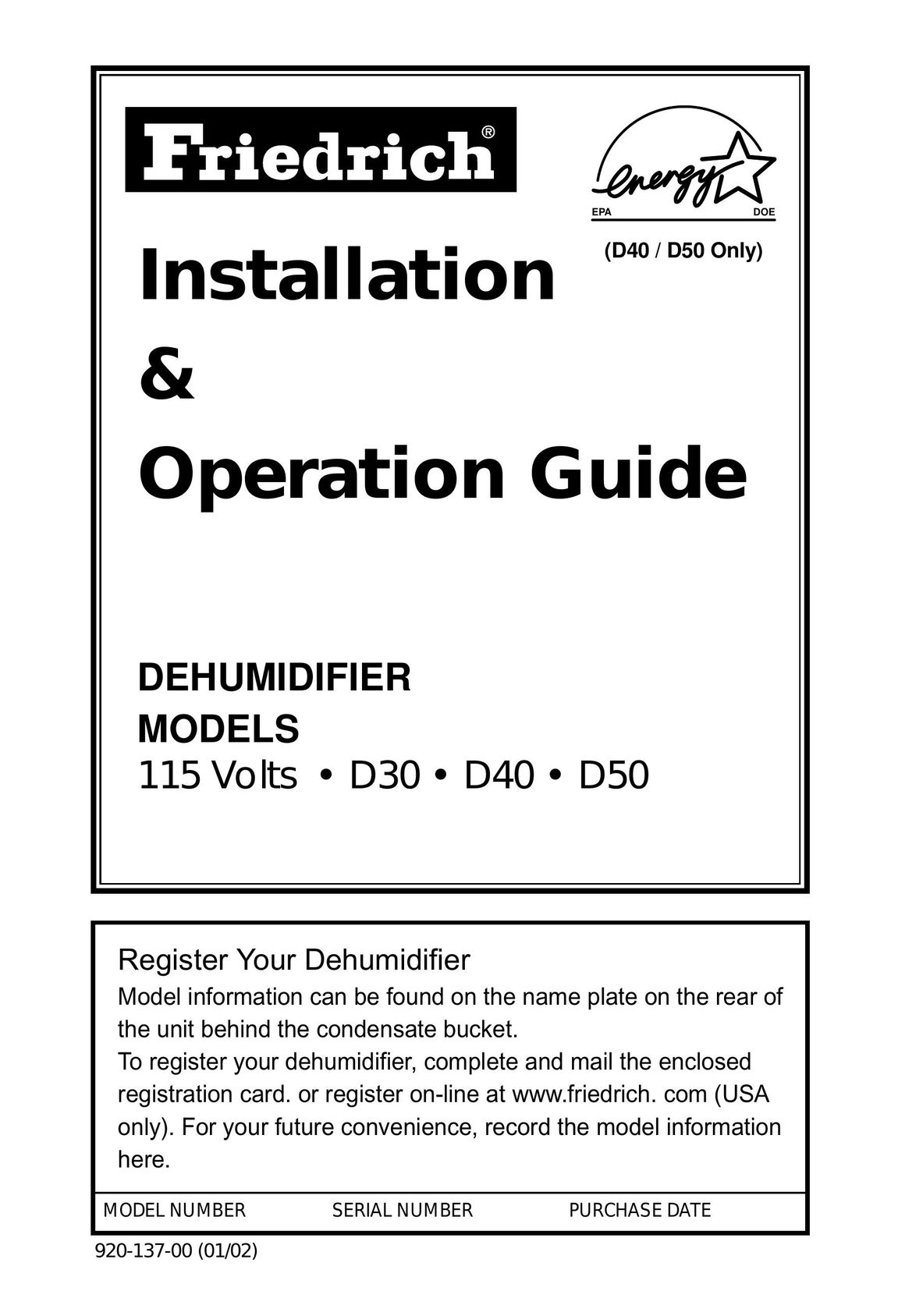 Friedrich D40 Dehumidifier User Manual