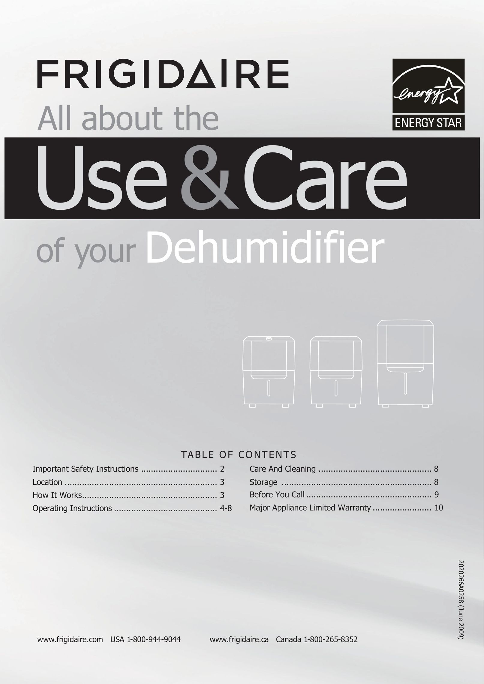 Frigidaire 2020266A0258 Dehumidifier User Manual