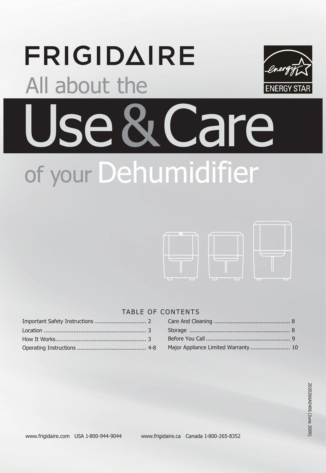 Frigidaire 2020266A0406 Dehumidifier User Manual