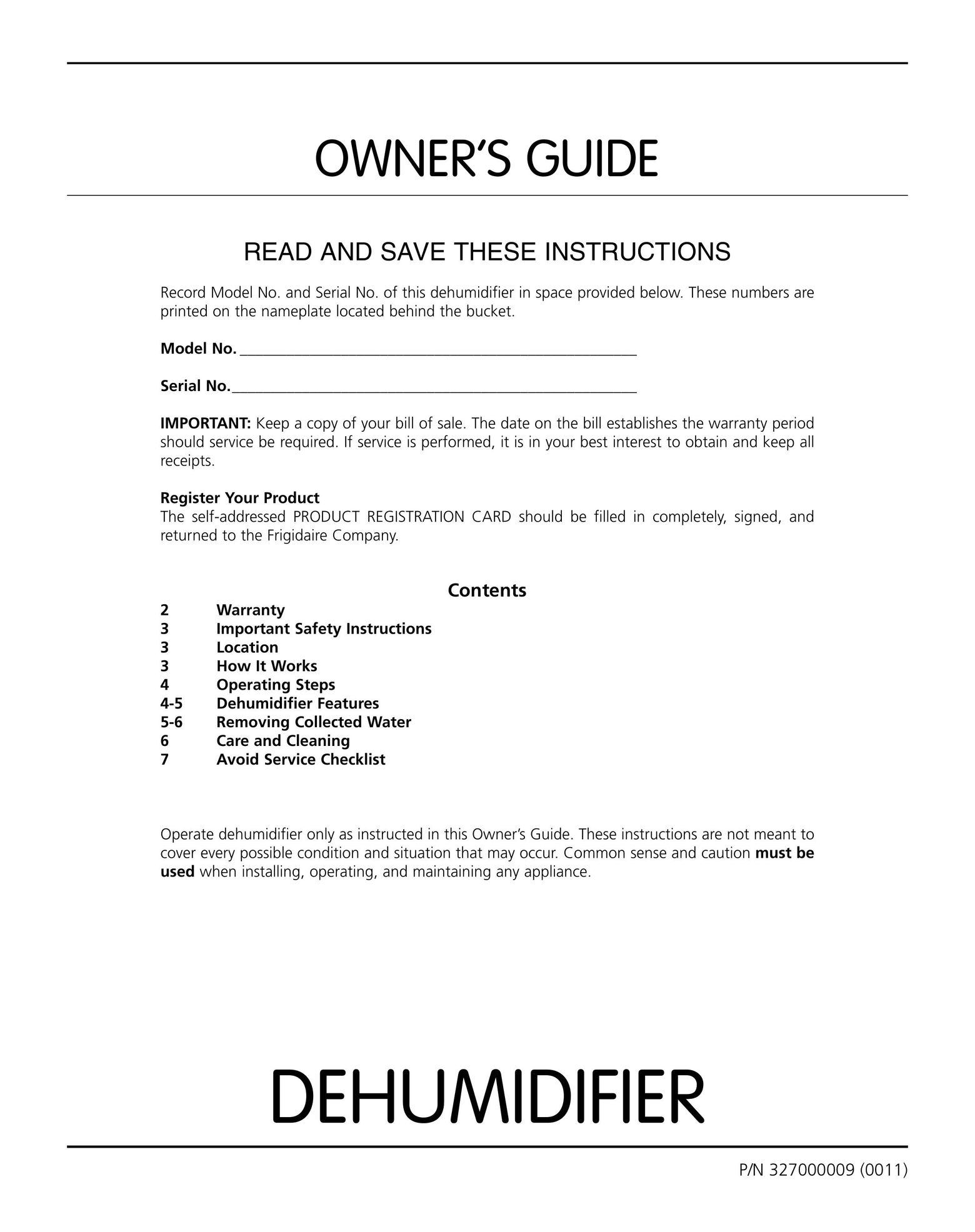 Frigidaire 327000009 Dehumidifier User Manual