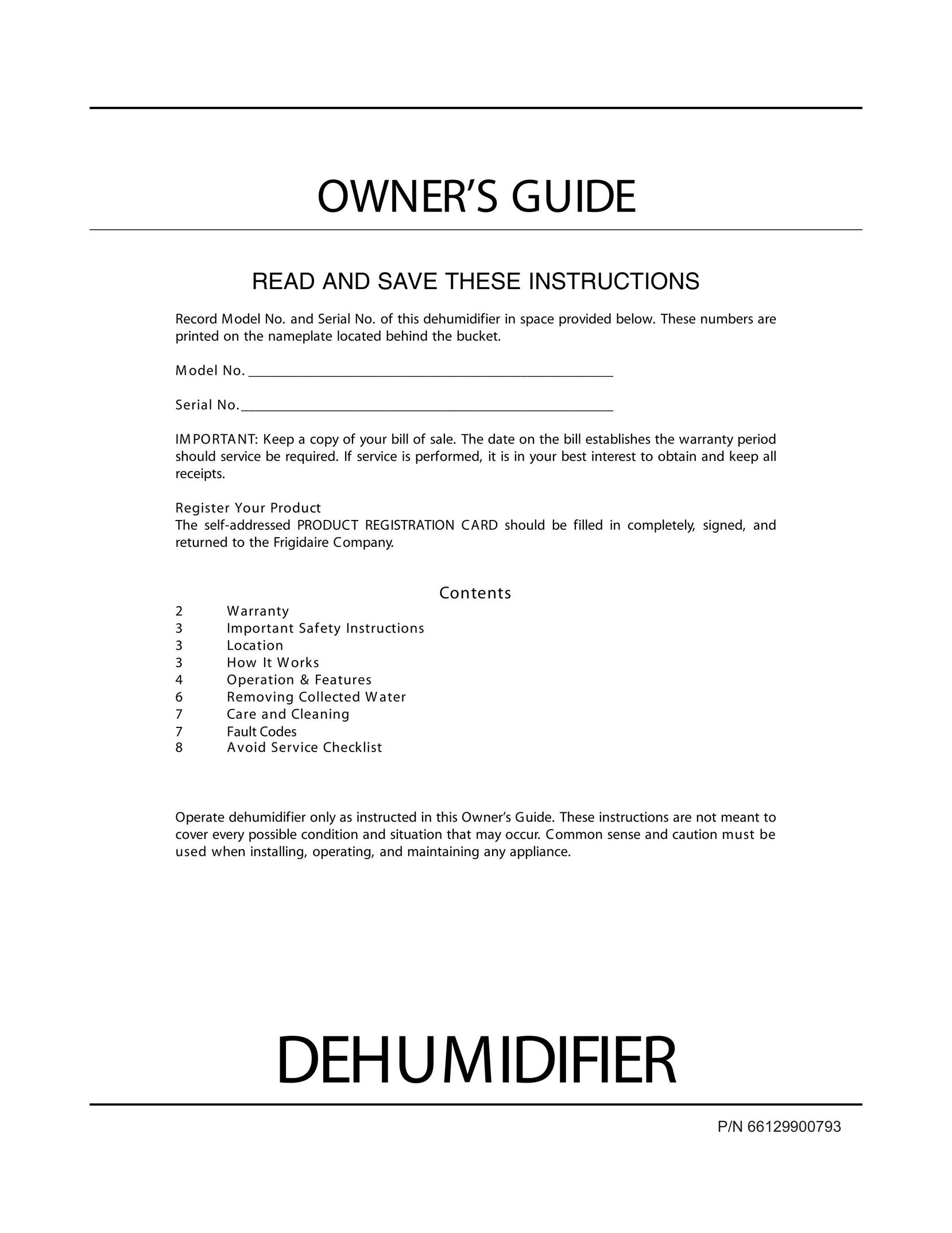 Frigidaire 66129900793 Dehumidifier User Manual