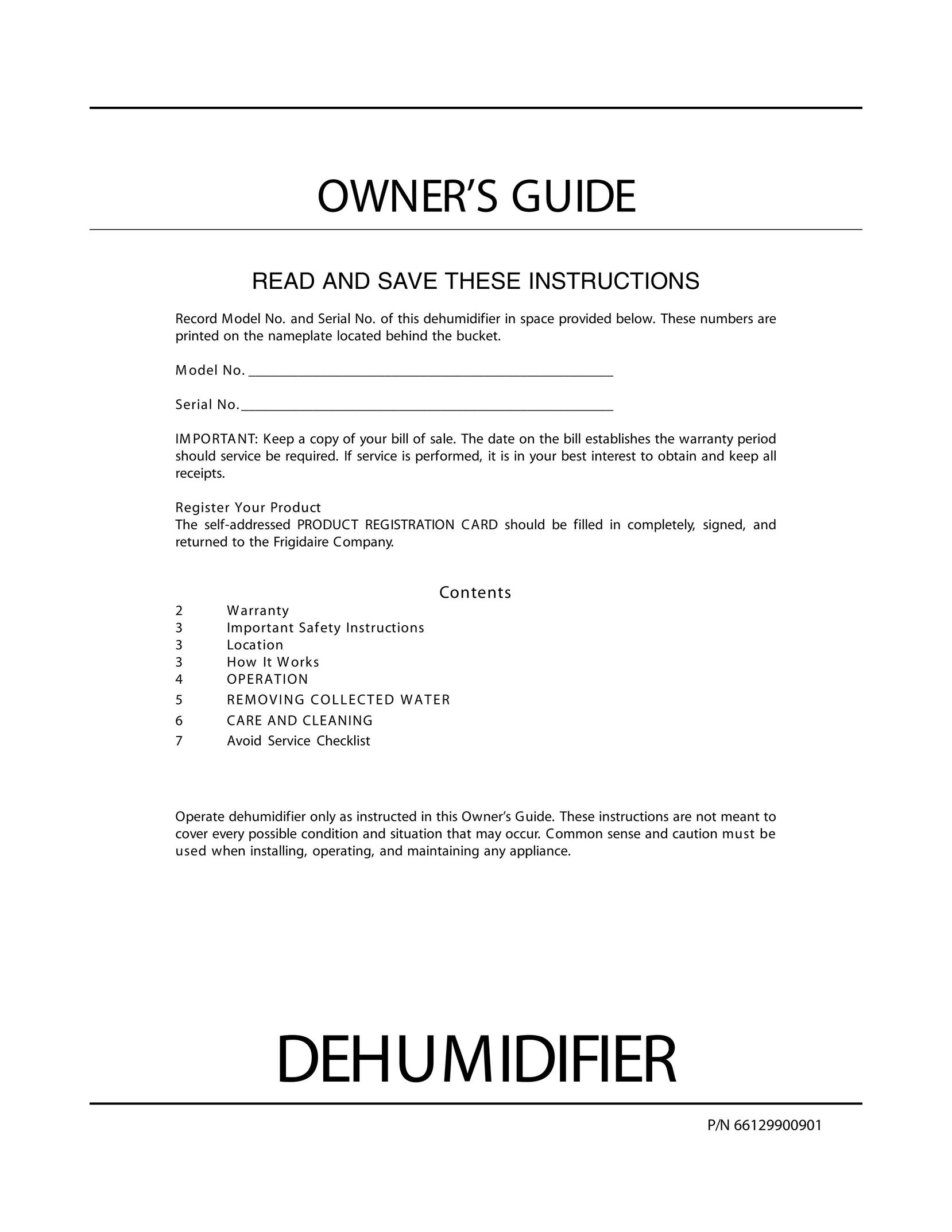 Frigidaire 66129900901 Dehumidifier User Manual