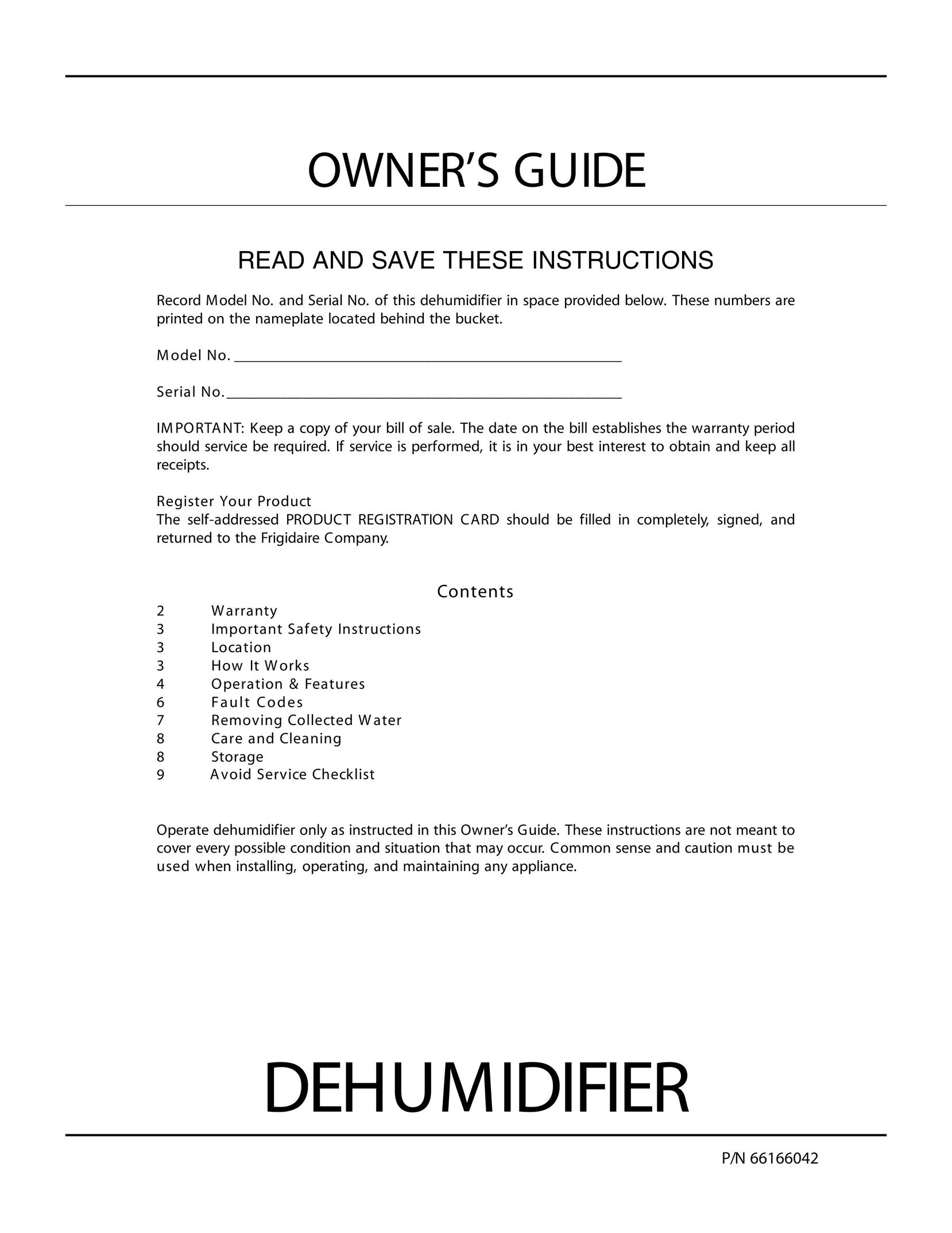 Frigidaire 66166042 Dehumidifier User Manual