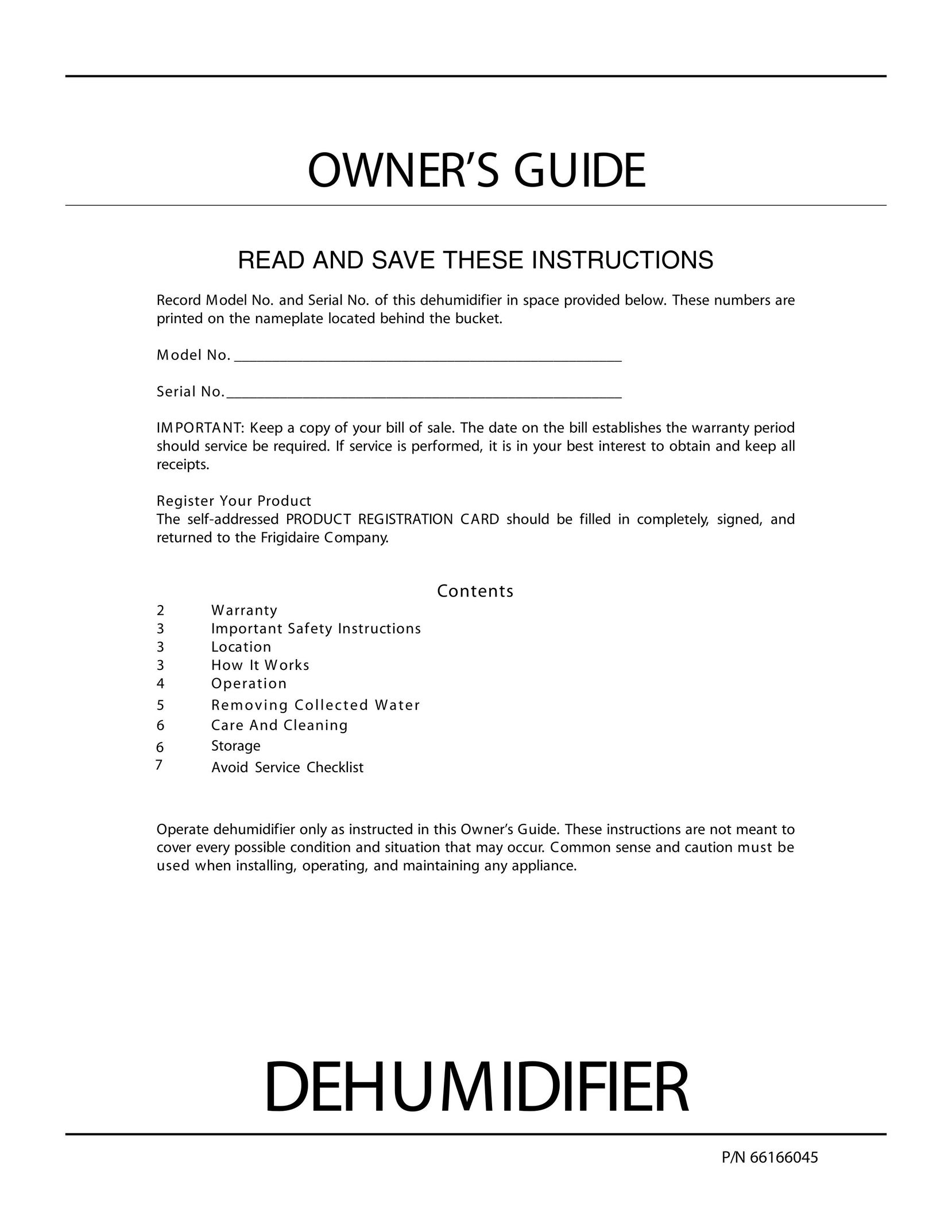Frigidaire 66166045 Dehumidifier User Manual