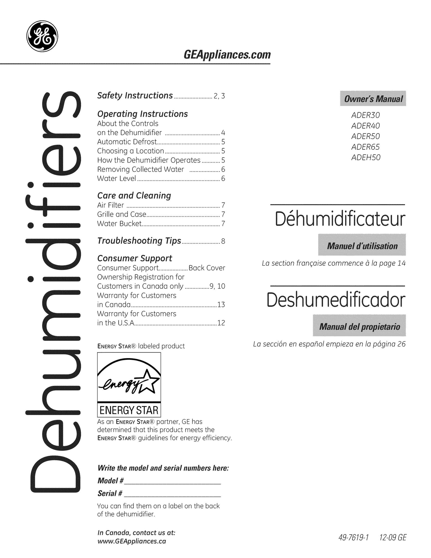 GE ADEHSO Dehumidifier User Manual