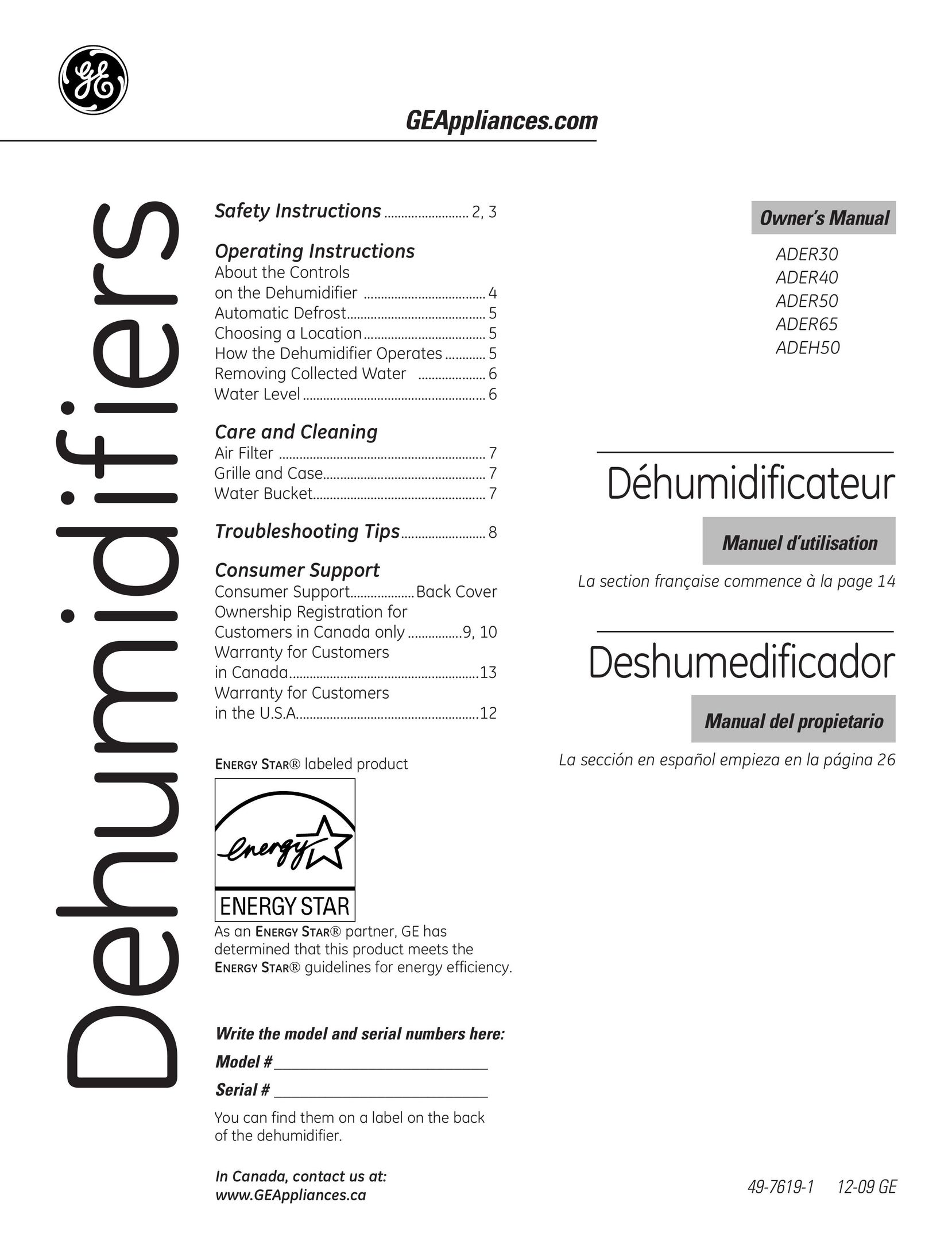GE ADER40 Dehumidifier User Manual