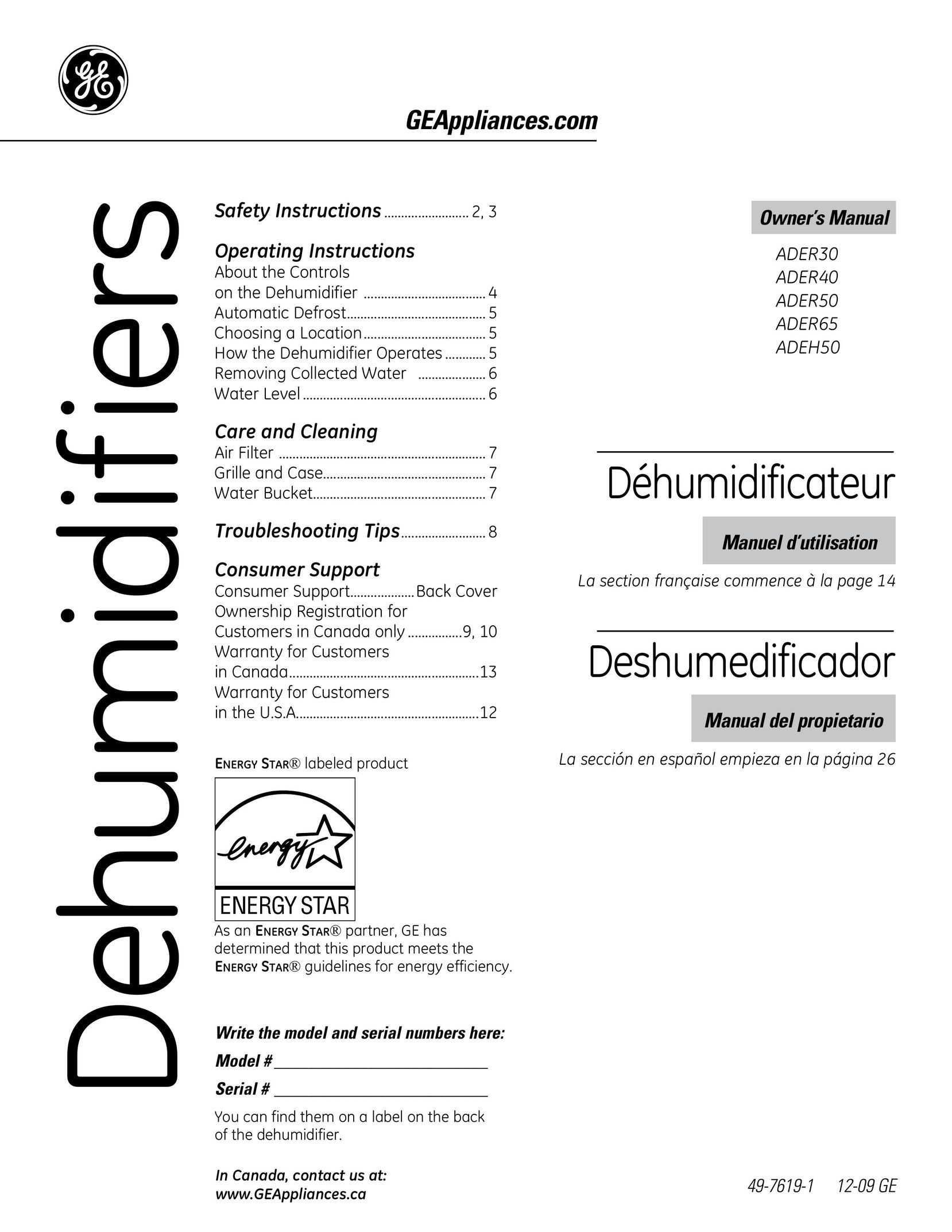 GE ADER50 Dehumidifier User Manual