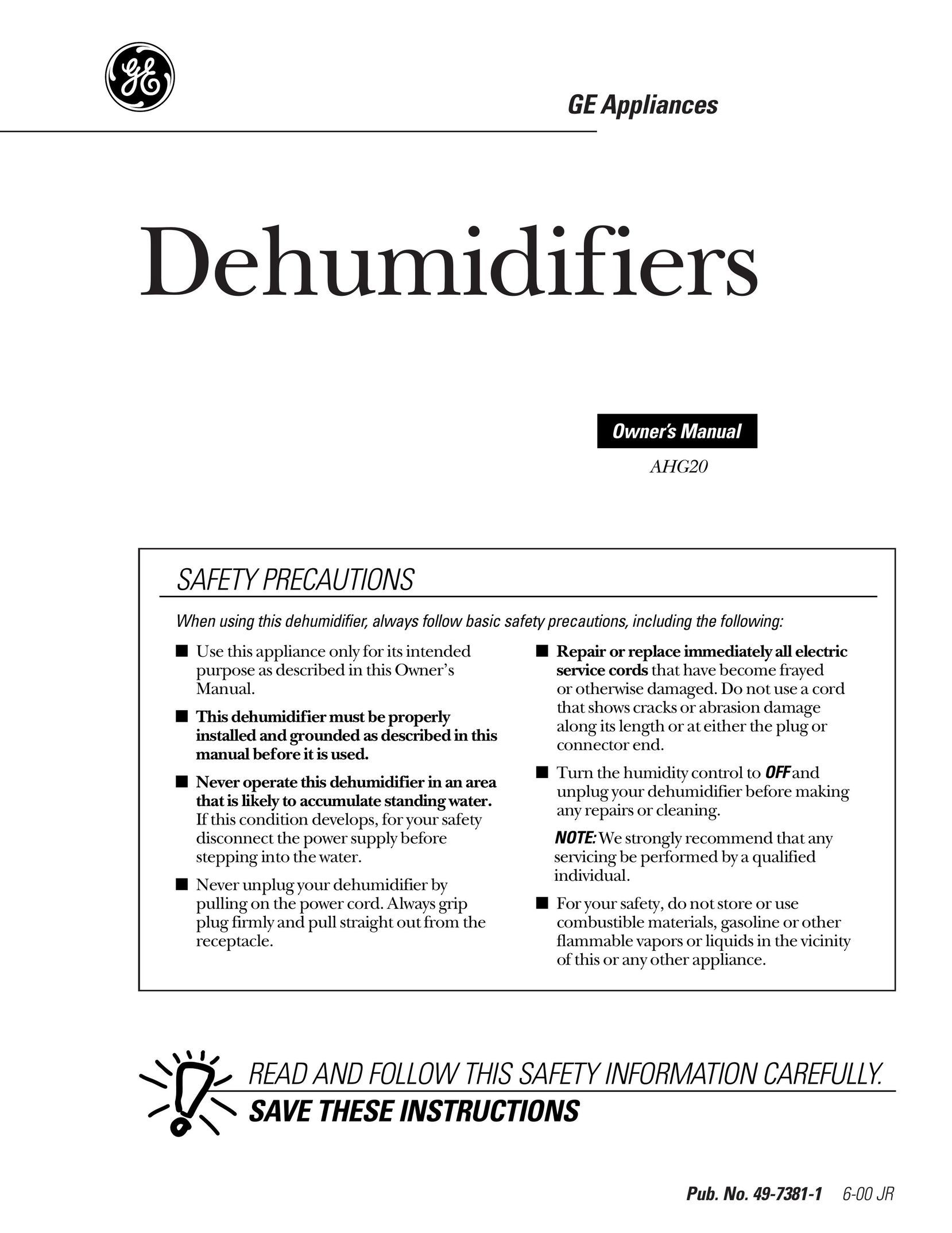 GE AHG20 Dehumidifier User Manual