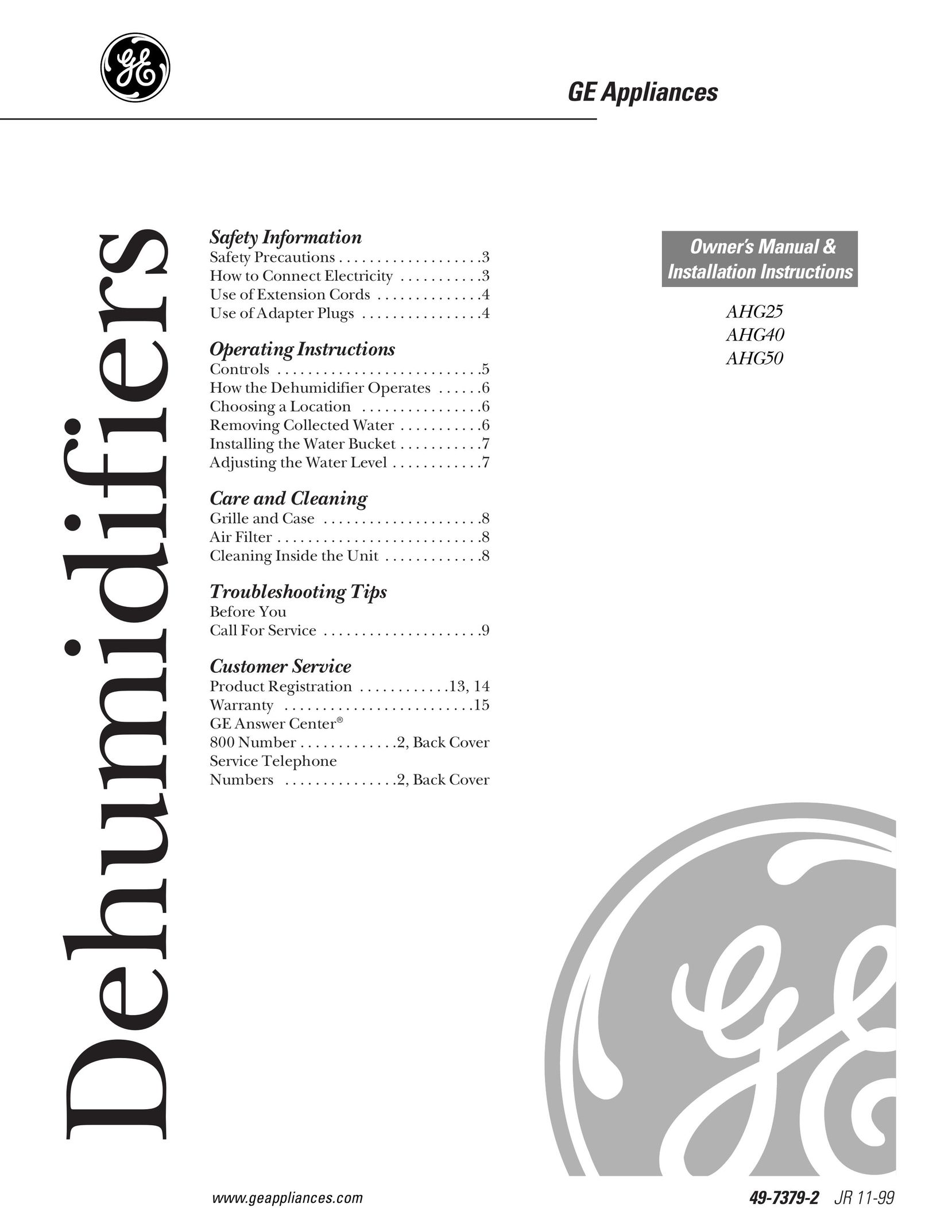 GE AHG40 Dehumidifier User Manual