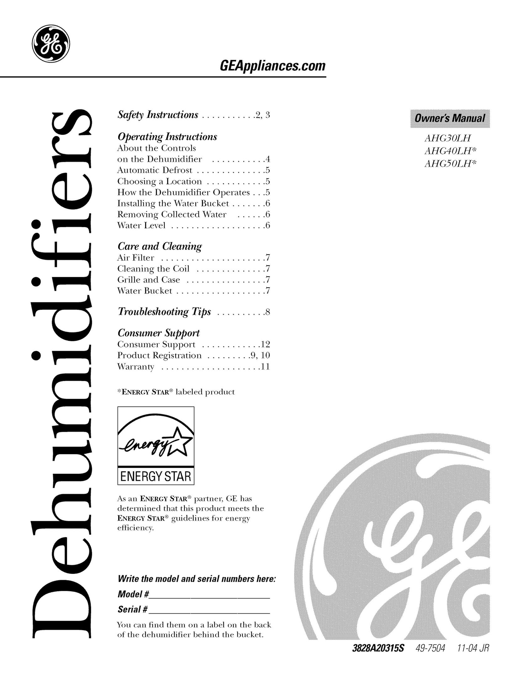 GE AHG40LH Dehumidifier User Manual
