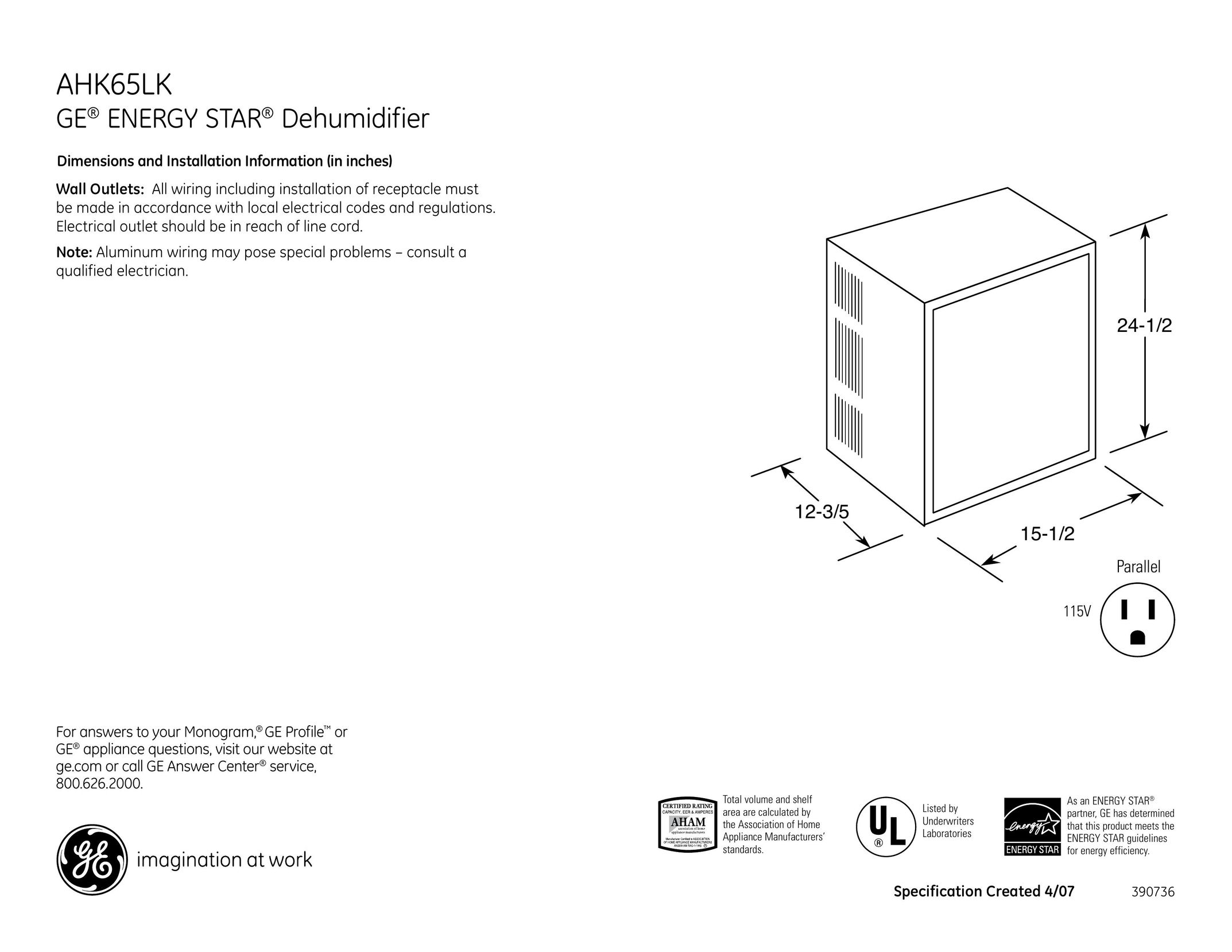 GE AHK65LK Dehumidifier User Manual