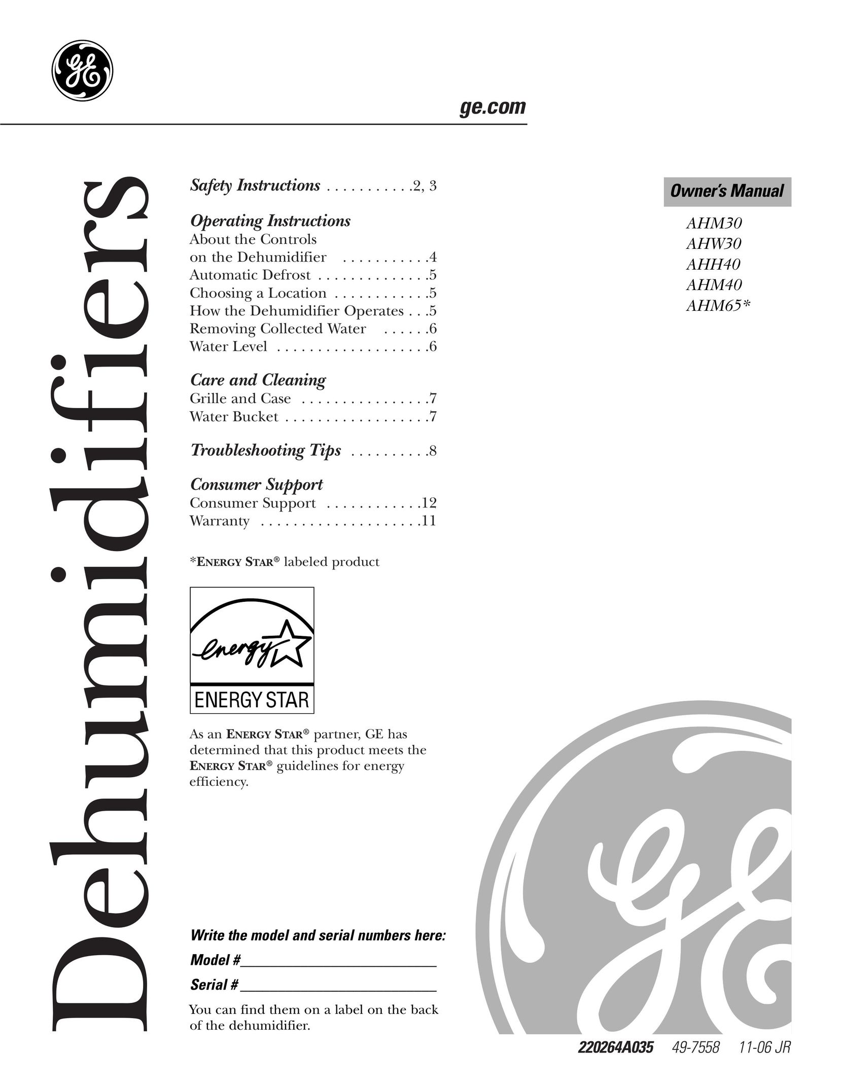GE AHM40 Dehumidifier User Manual