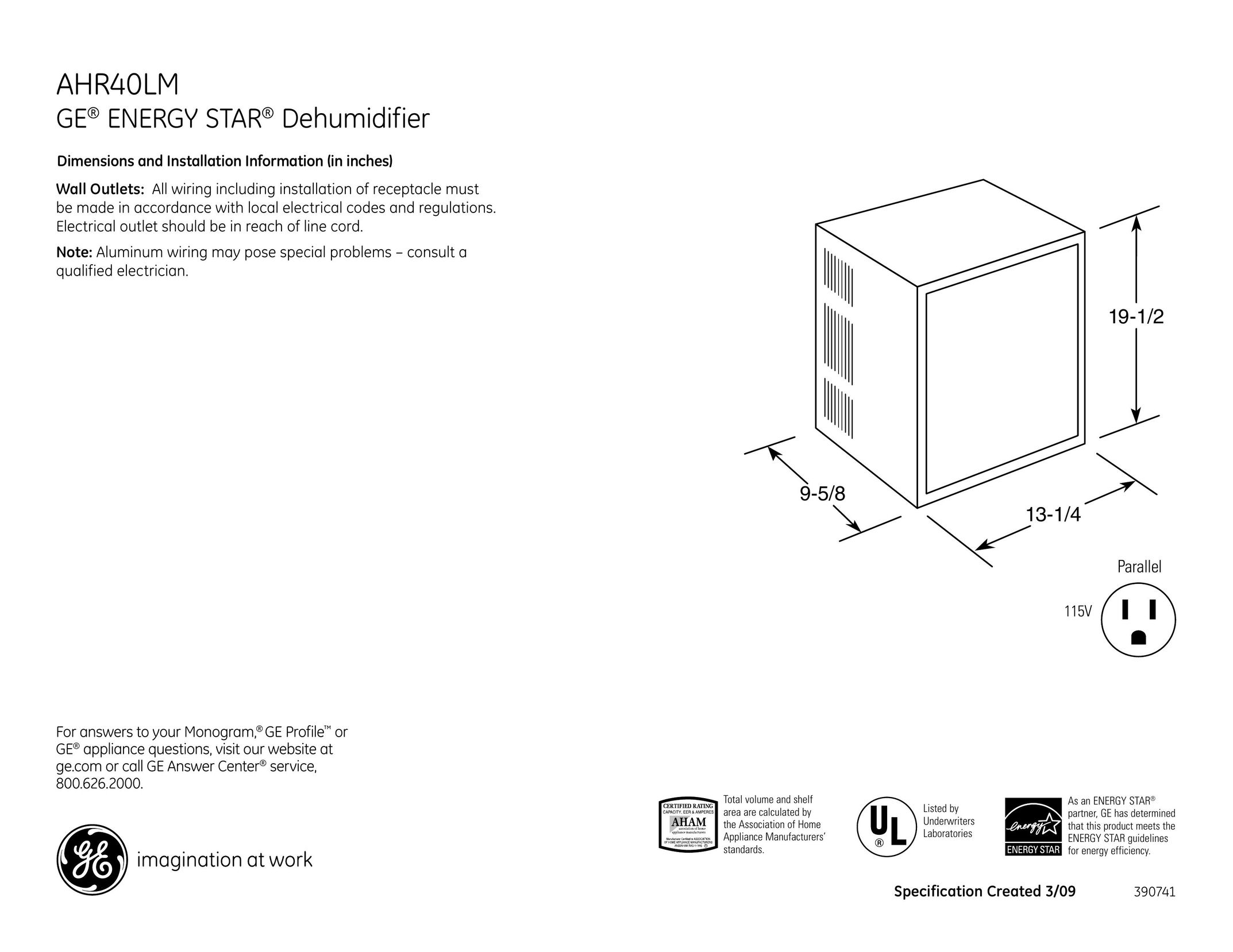 GE AHR40LM Dehumidifier User Manual