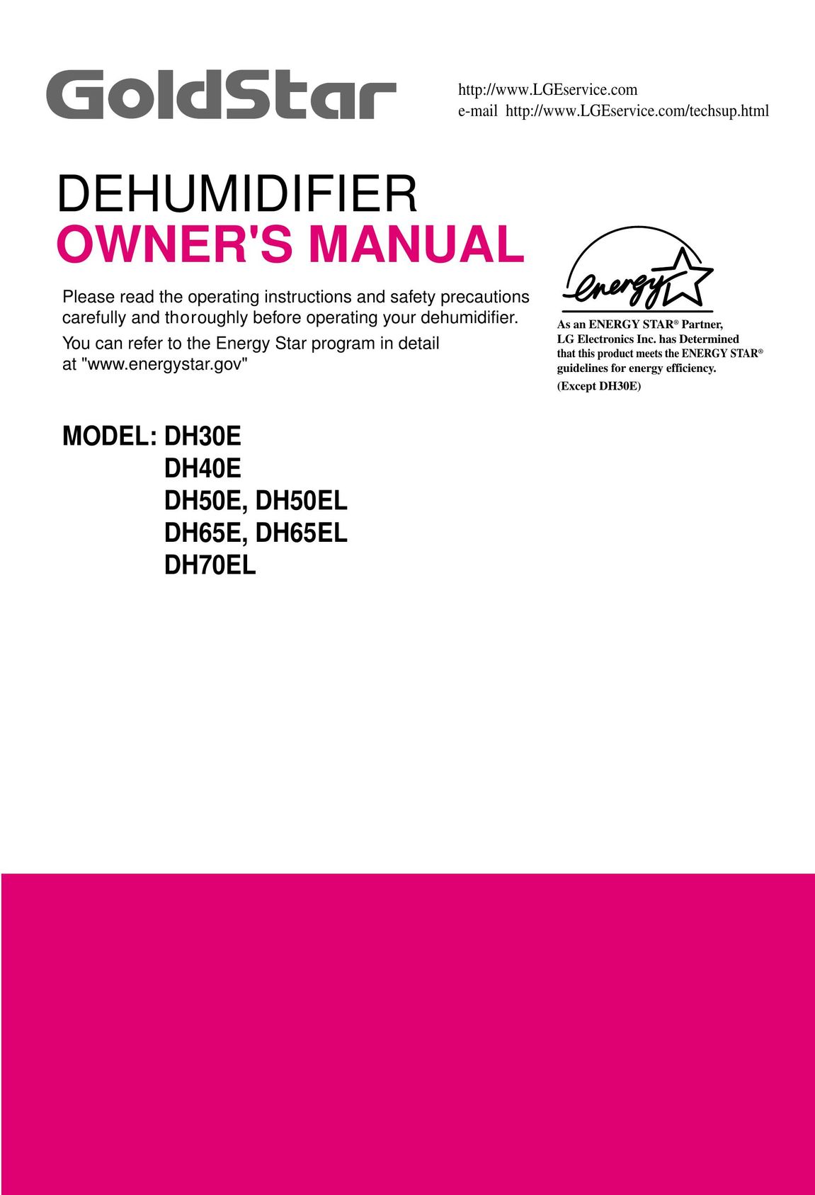 Goldstar DH50EL DH65E Dehumidifier User Manual